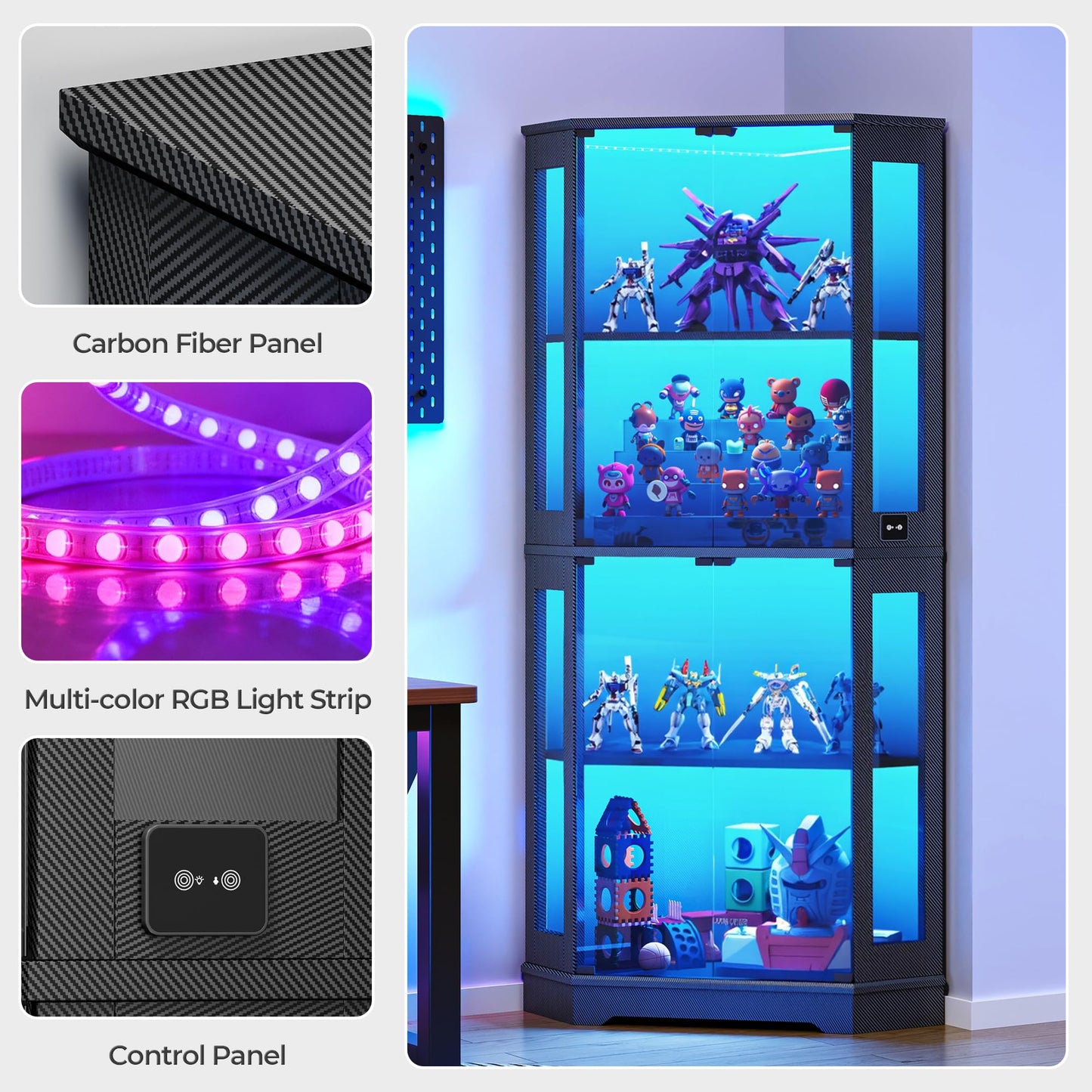 IRONCK 71" Carbon Fiber Corner Glass Display Cabinet, RGB LED Lights with Remote & APP Control, Human Body Sensor, 4-Tier Tempered Glass Display Case with 2 Adjustable Shelves for Collectibles, Black