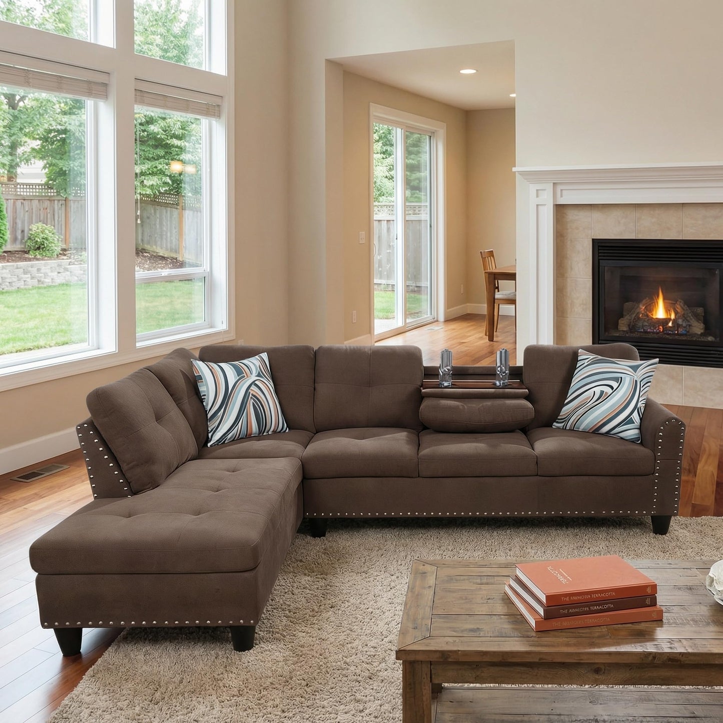 Trygoal L-Shaped Sectional Sofa, Modern 4-Seat Couch with Built-in Cup Holders, Upholstered Fabric Sectional Couch with Left Facing Chaise for Living Room, Apartment, Office, Brown