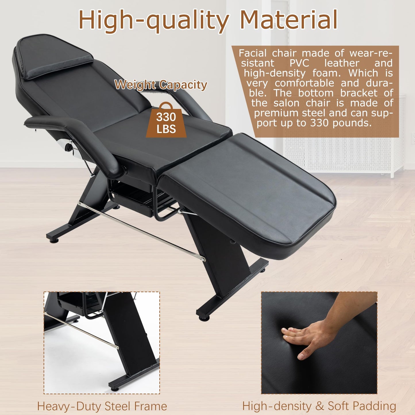 Brisca Massage Salon Tattoo Chair with Two Trays,Esthetician Bed W/Hydraulic Stool and Multi-Purpose 3-Section Facial Table,for Barber,Mani-pedis,Spa,Black