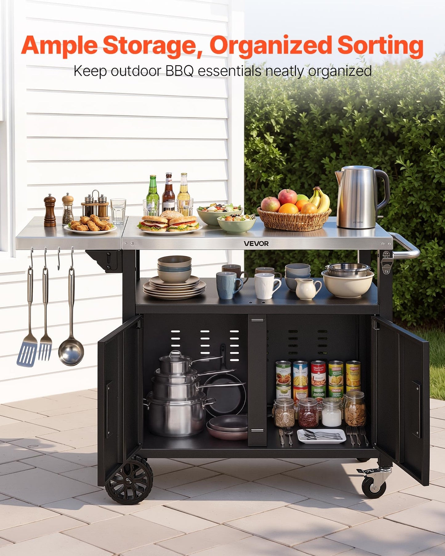 VEVOR Outdoor Grill Cart with Storage Cabinet, 48.9 Inch Grill Table, Waterproof Kitchen Island with Stainless Steel Top, Shelf, and Wheels, Movable Food Prep Station for Patio Bar Backyard BBQ
