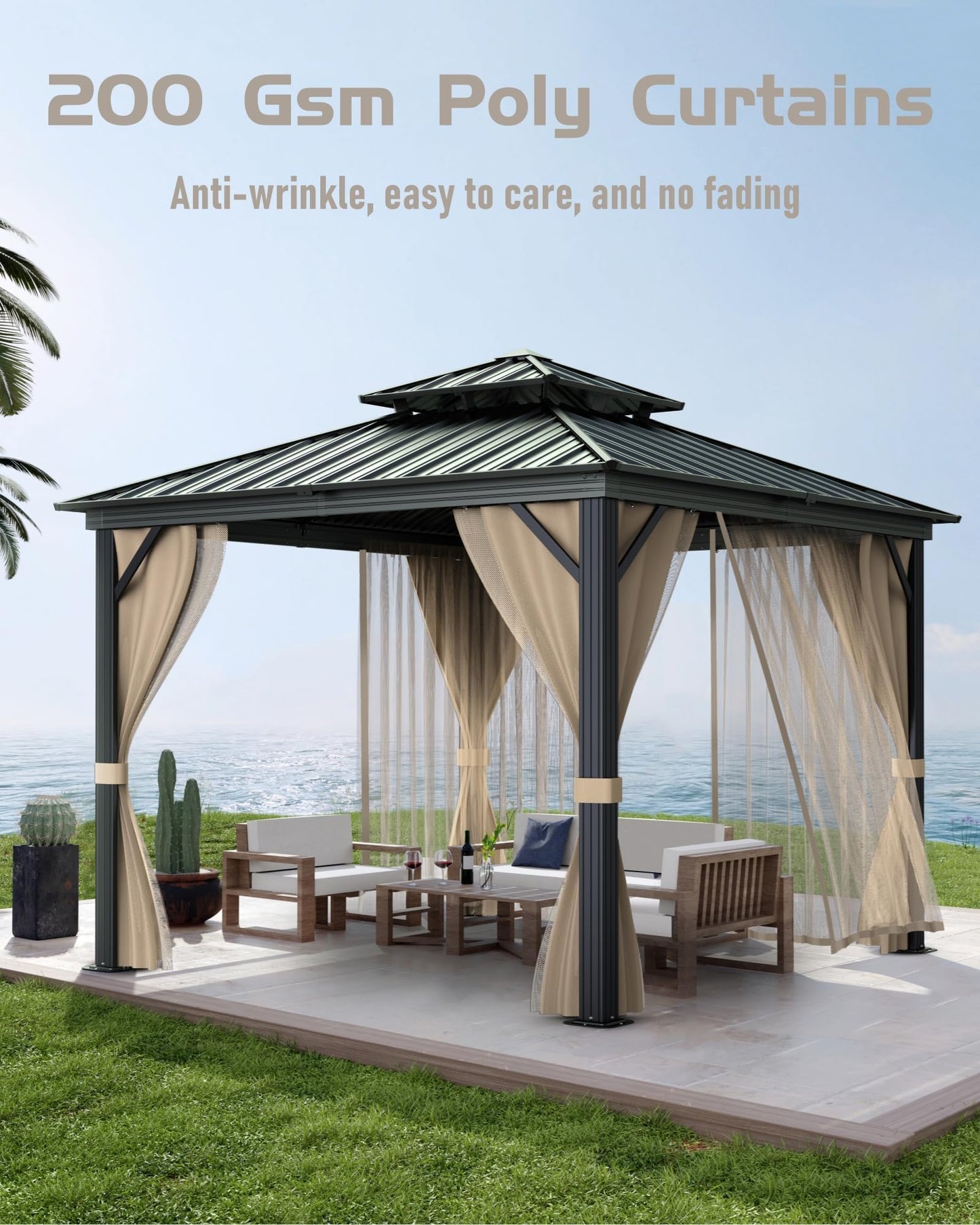 12'X12' Hardtop Gazebo, Galvanized Steel Aluminum Frame with Double Roof, Heavy-Duty Outdoor Patio Gazebo with Curtains & Netting for Backyard, Deck, Porch, Garden, Lawn, Khaki