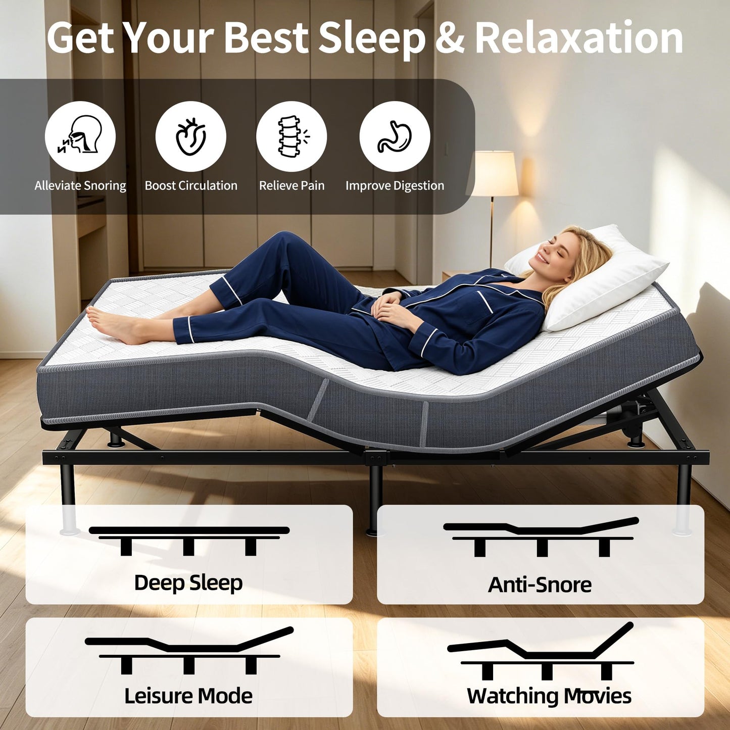 AESOROMO Full Size Adjustable Bed Frame Base with Mattress Electric Bed Simultaneous Head & Foot Incline Zero Gravity Aniti-Snore Adjustable Leg Heights 5 Inch Foam Mattress