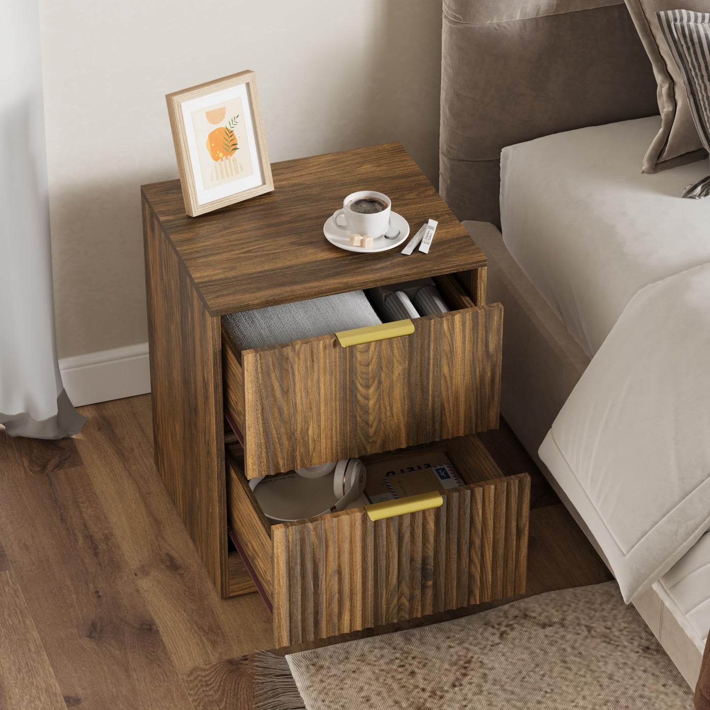 Sscaktu 3-Piece Modern Bedroom Furniture Set, Wide 6-Drawer Dresser & 2-Drawer Nightstands Set of 2, Natural Wood Dresser and Nightstand Sets for Bedroom, Hallway, Walnut