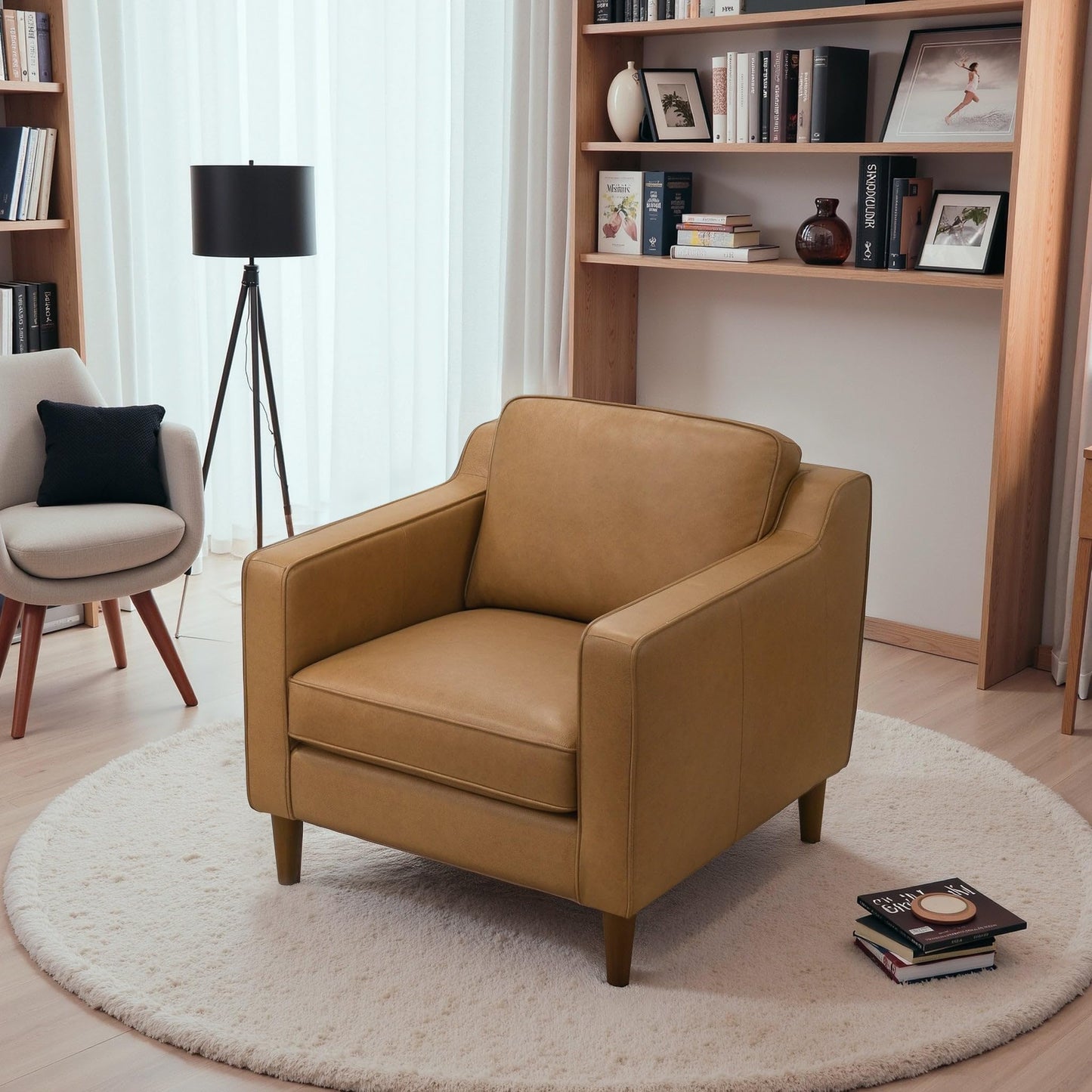 GDFStudio Cooper 32.7" Mid-Century Modern Genuine Leather Accent Chair, Top Grain Buffalo Leather Lounge Chair with Track Armrests & Walnut-Finished Legs for Living Room Bedroom Reading Room, Tan
