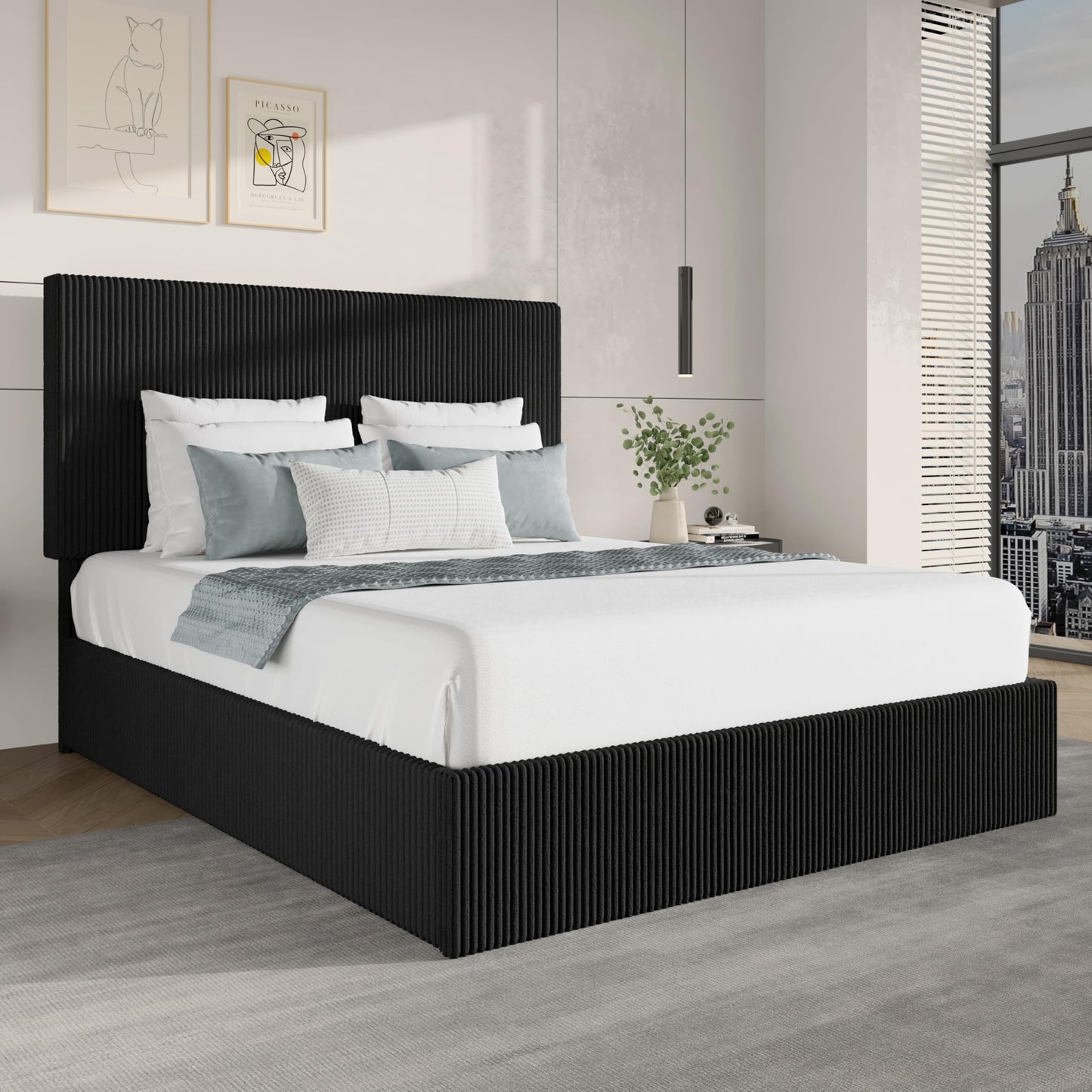 SHA CERLIN Queen Bed Frame, Corduroy Upholstered Platform Bed, Adjustable Vertical Channel Tufted Headboard, Modern Low Profile Frame, No Box Spring Needed, Easy Assembly, Black