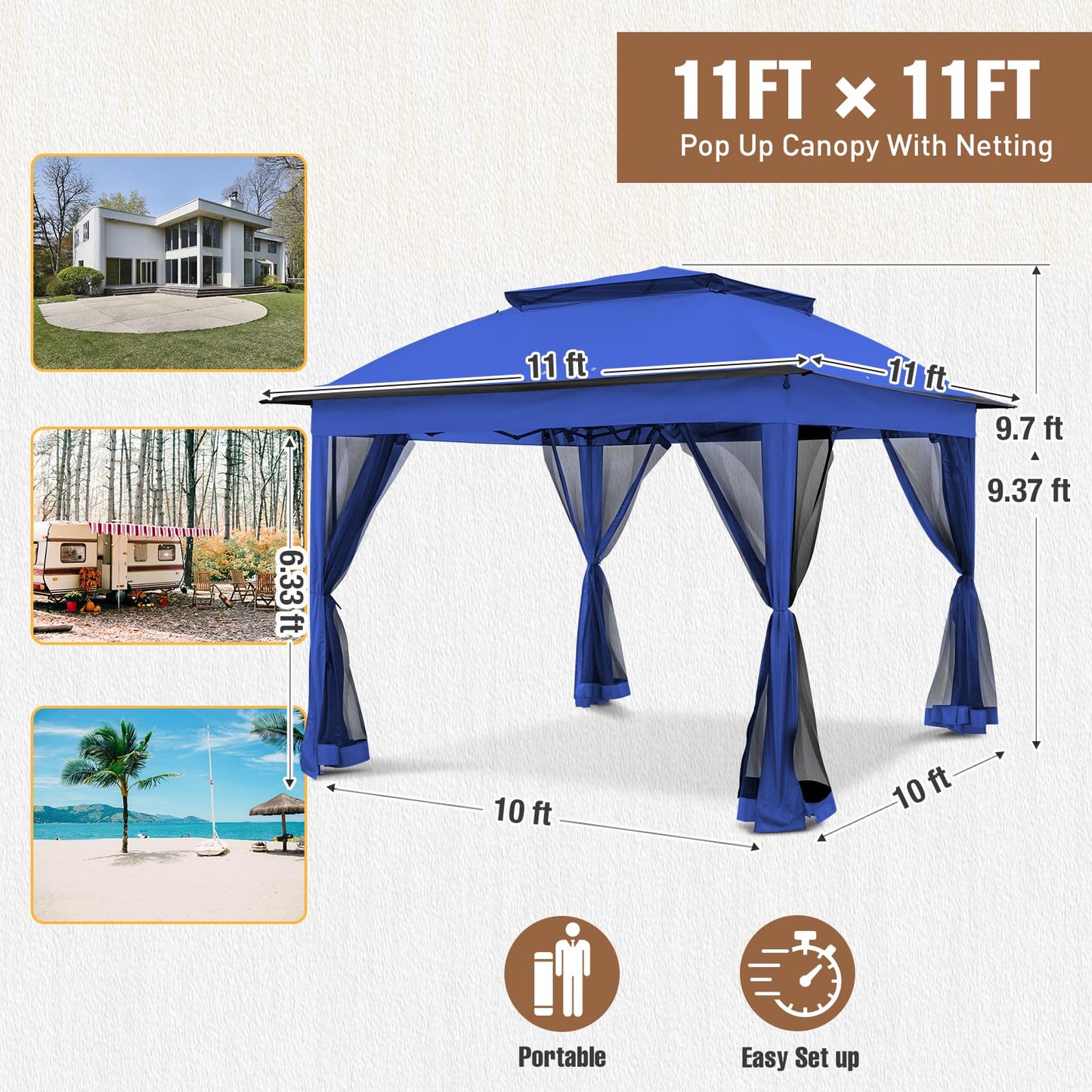 INTER HUT 11x11 Pop Up Gazebo Tent with Mesh Netting, Instant Outdoor Canopy with UPF 50+ UV Protection, Water Resistant, Blue