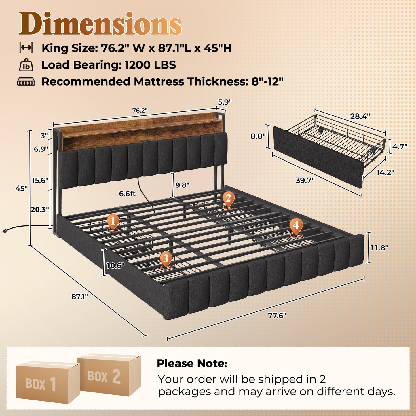 PRAISUN Bed Frame King Size with Upholstered Headboard & Charging Station, King Bed Frame with 4 Storage Drawers, 2-Tier Open Shelves, No Box Spring Needed, Slient Foam Strip, Easy Assembly, Black