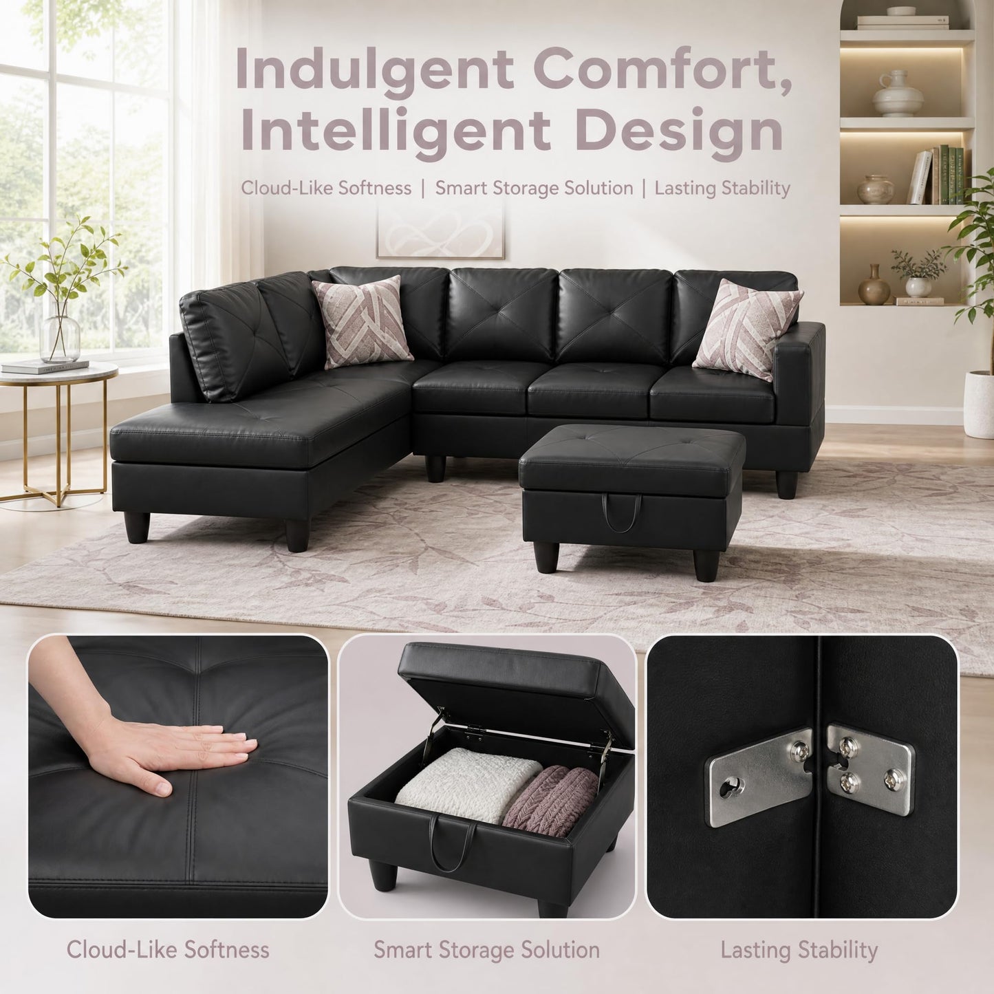 Trygoal 97" Leather L Shaped Couch with Left Chaise & Cup Holder, Sectional Sofas Modular Furniture Set with Storage Ottoman, Convertible Couches for Living Room, Small Space & Office (Black)