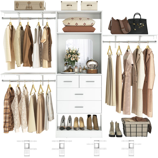 Unikito 8FT Closet System with 4 Drawers, 96" Wood Closet Organizer with Mirror and Hanging Rods, Sturdy Walk in Wardrobe Closet Insert with Tower, 96" W x 16" D x 80" H (Can Be Cut To Fit), White
