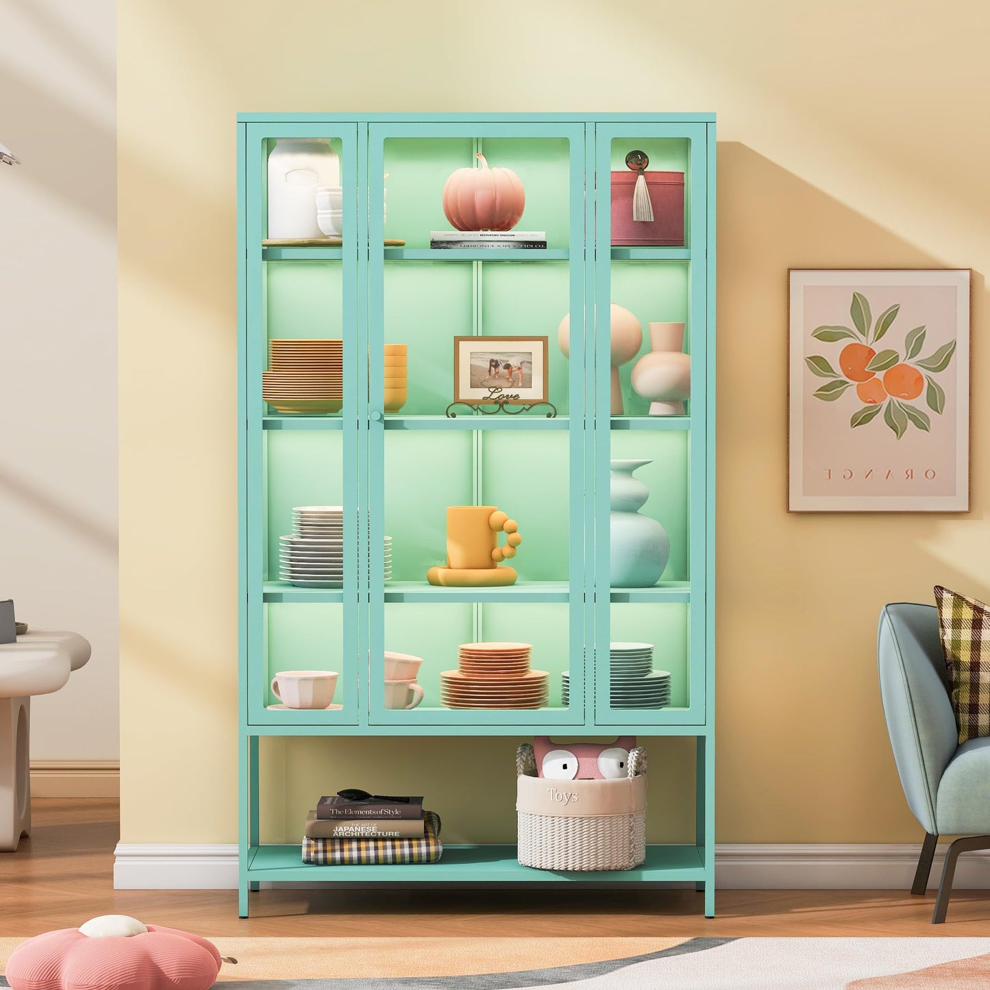 Merax 67" Tall Glass Display Cabinet with Adjustable Shelves and LED Lights, for Collectibles, Modern Steel Storage Curio Cabinet with 3-Sided Glass Display Case for Home Office Study Room, Cyan