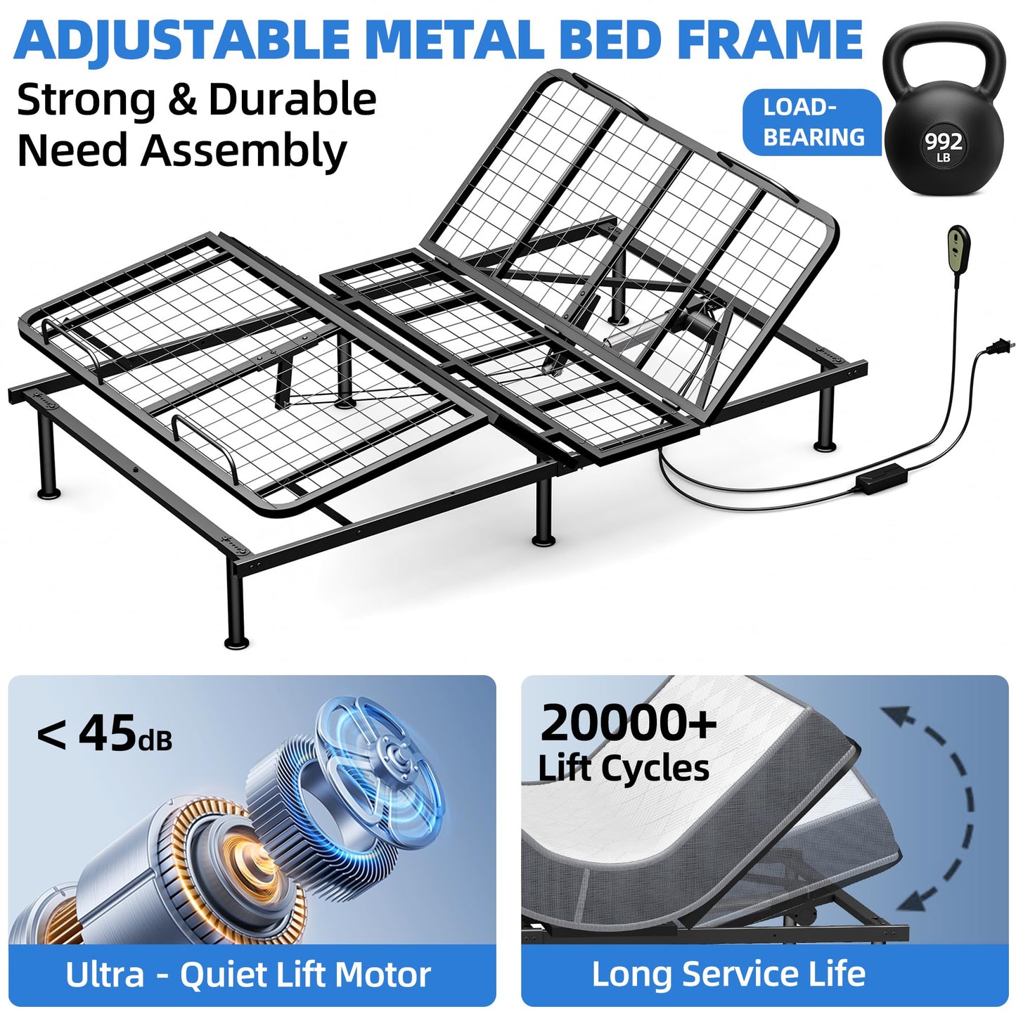 AESOROMO Full Size Adjustable Bed Frame with 5 Inch Foam Mattress Set Zero Gravity Electric Bed Head Foot Incline Leg Height Adjustable Anti-Snore