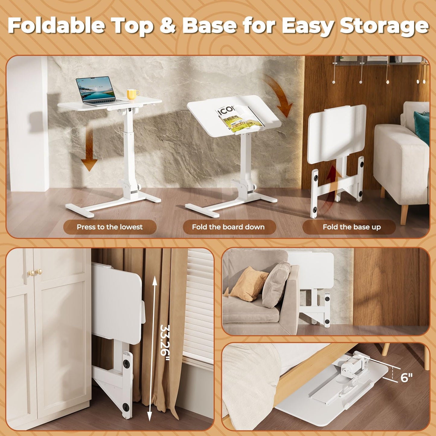 JOY worker Foldable Mobile Standing Desk, 180° Tiltable Overbed Bedside Table with 4 Lockable Wheels, 31.5" Height Adjustable Rolling Laptop Desk for Home & Hospital Use, Easy Storage, White