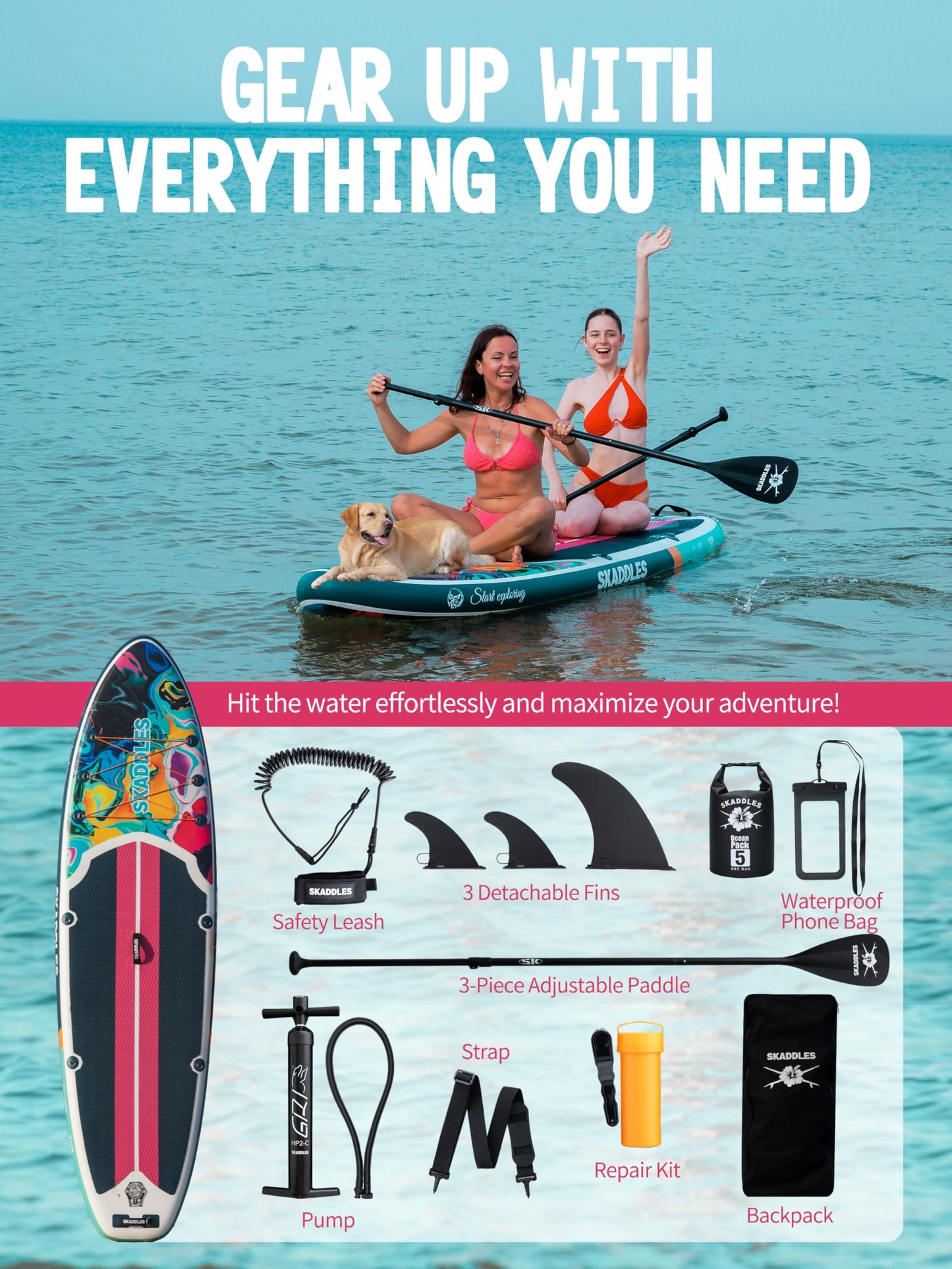 SKADDLES 10’6’’ Portable Inflatable Stand Up Paddle Board (SUP) for Adults and Youth with Non-Slip Deck – Complete Accessories Kit, Perfect for Fishing, Yoga, Fitness & Family Fun (Paintide)