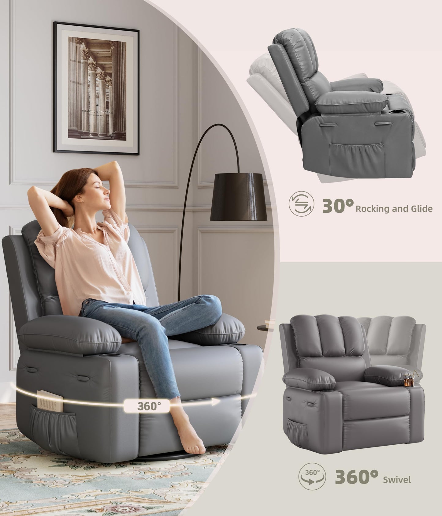 Garvee Oversized Swivel Rocker Recliner Chair - Heat and Massage, Leather Manual Recliner for Adults, Lazy Chair with Cup Holders, Comfort Arms and Back Single Sofa for Living Room