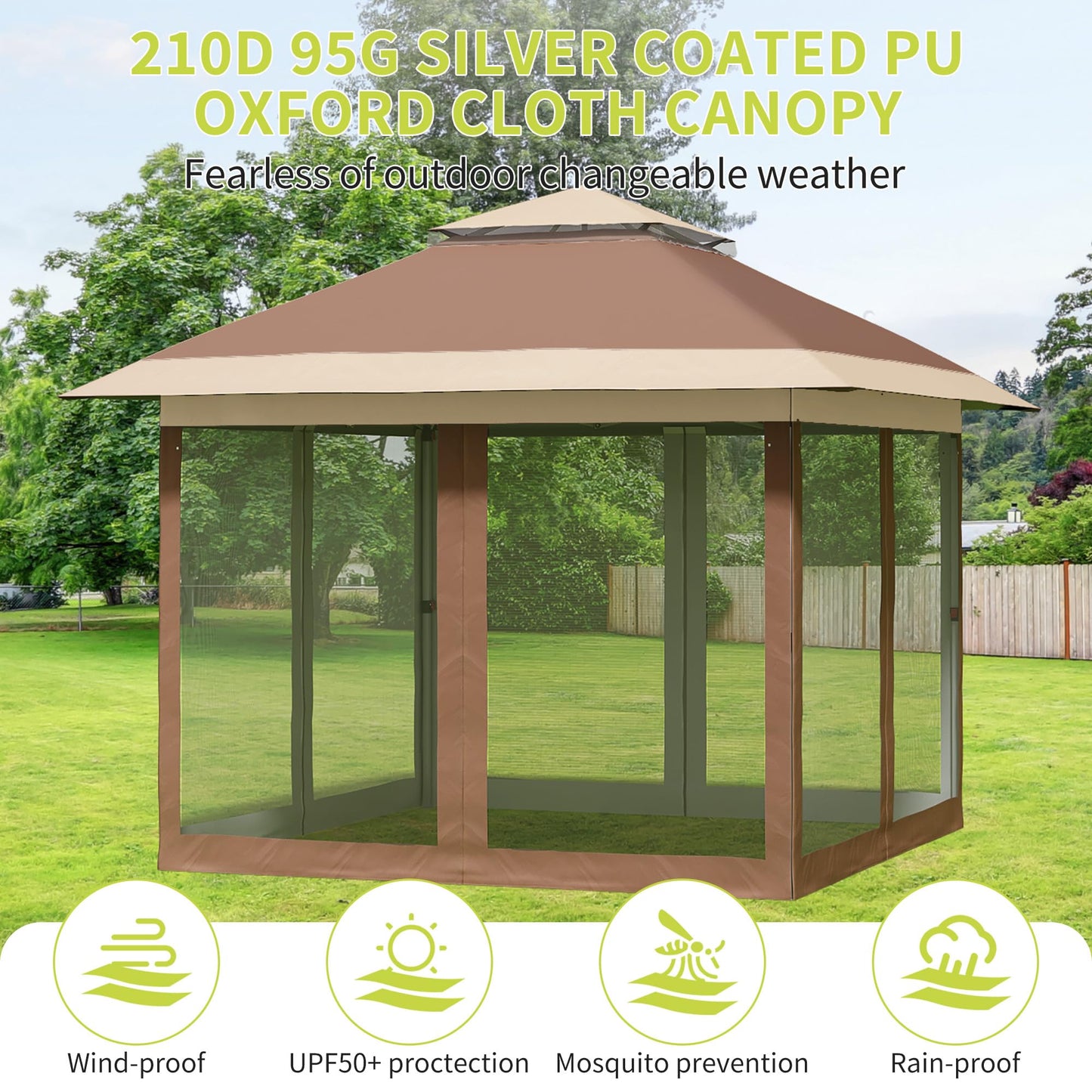 GarveeHome 10X10 Ft Instant Pop-Up Gazebo - Modern Waterproof Canopy Tent with Mosquito Netting & Sidewalls, All-Weather Outdoor Shelter for Patio, Garden, Backyard, Party - Includes Wheeled Carry Bag