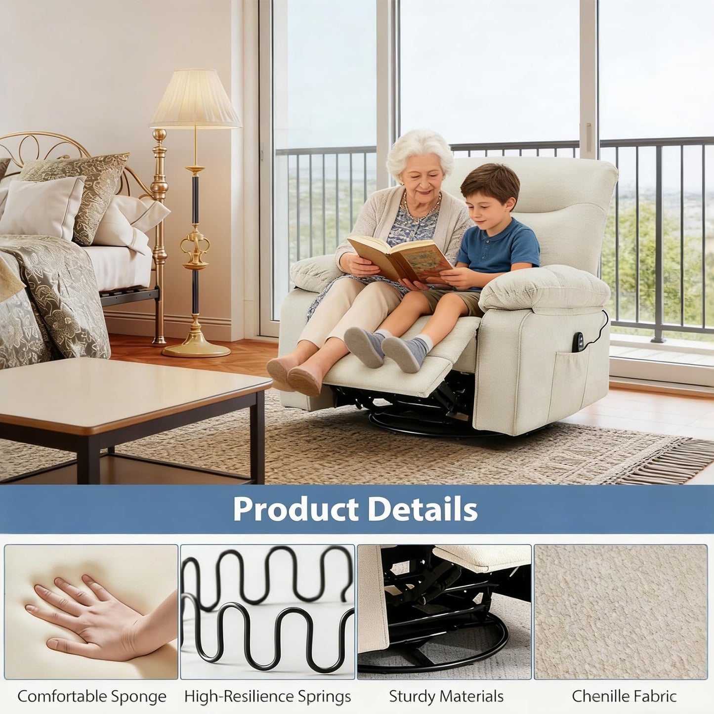 Rocker Swivel Recliner Chair for Adults, Single Reclining Sofa Chair with Heated and Full Body Massage, Lounge Recliner Glider for Small Living Room, Bedroom, Beige