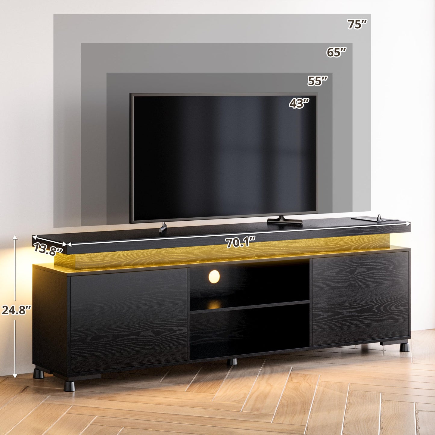 IRONCK TV Stand for 85 inch TV, TV Console with LED Lights and Power Outlet, Long Entertainment Center with Cabinets and Storage Shelves, TV Stand Black for Bedroom Living Room