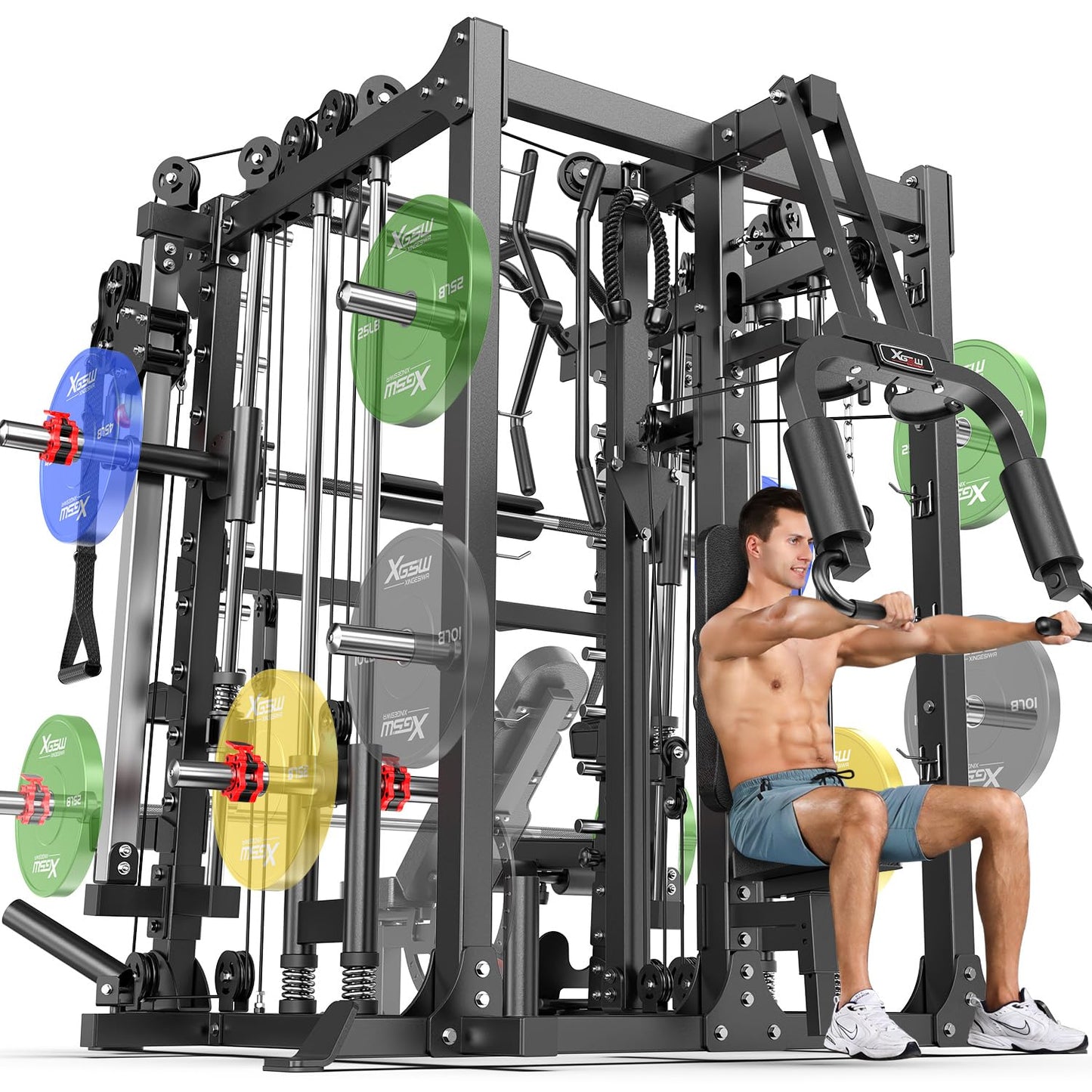 Smith Machine with Cable Crossover System, Multi-Function Squat Rack Power Cage for Home Gym, Power Rack and Packages (Black, L07-Smith Machine)