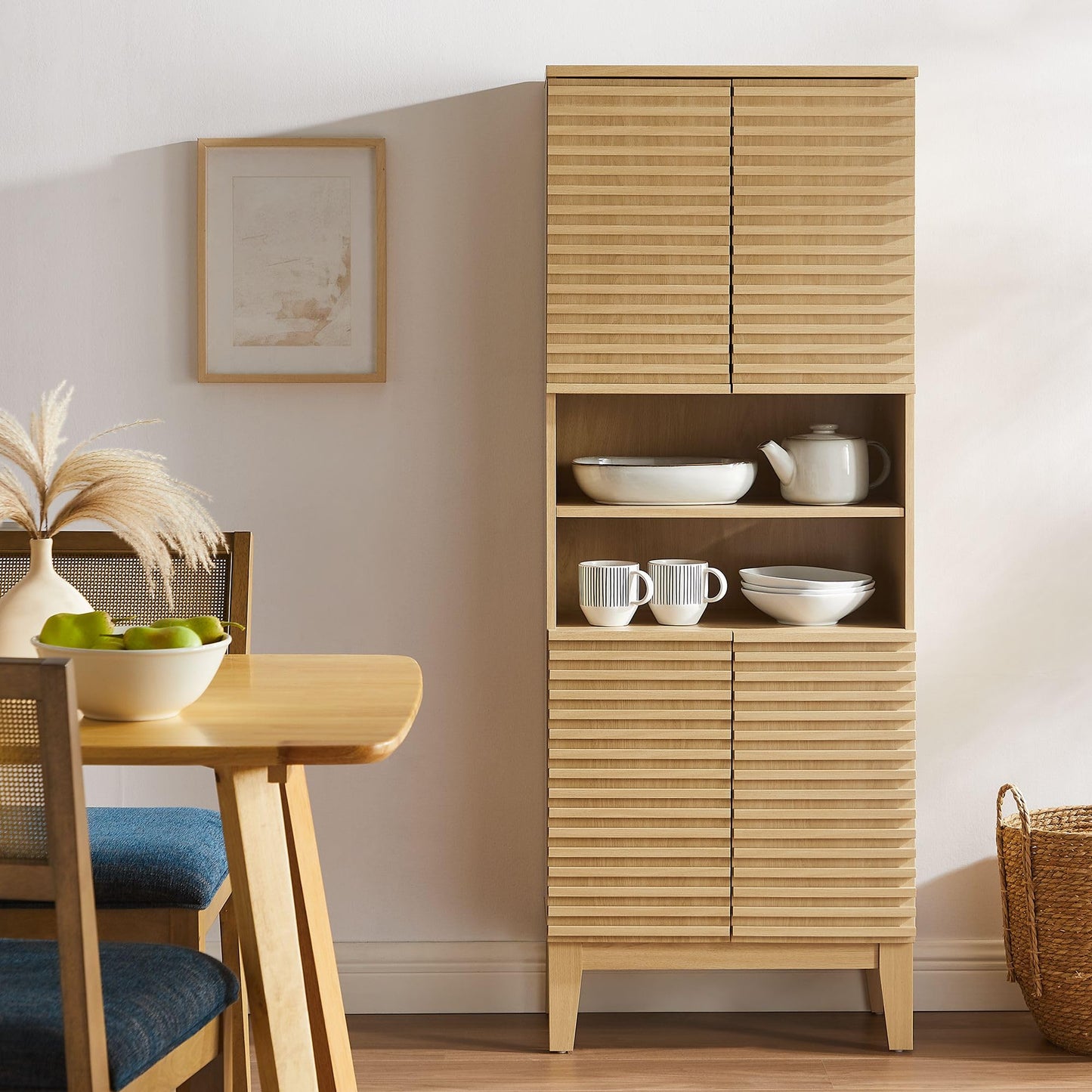 Modway Render Tall Bathroom Storage Tower in Oak - 63” Freestanding Linen Cabinet with Open Shelves and 4 Soft-Close Doors - Towel and Makeup Organizer