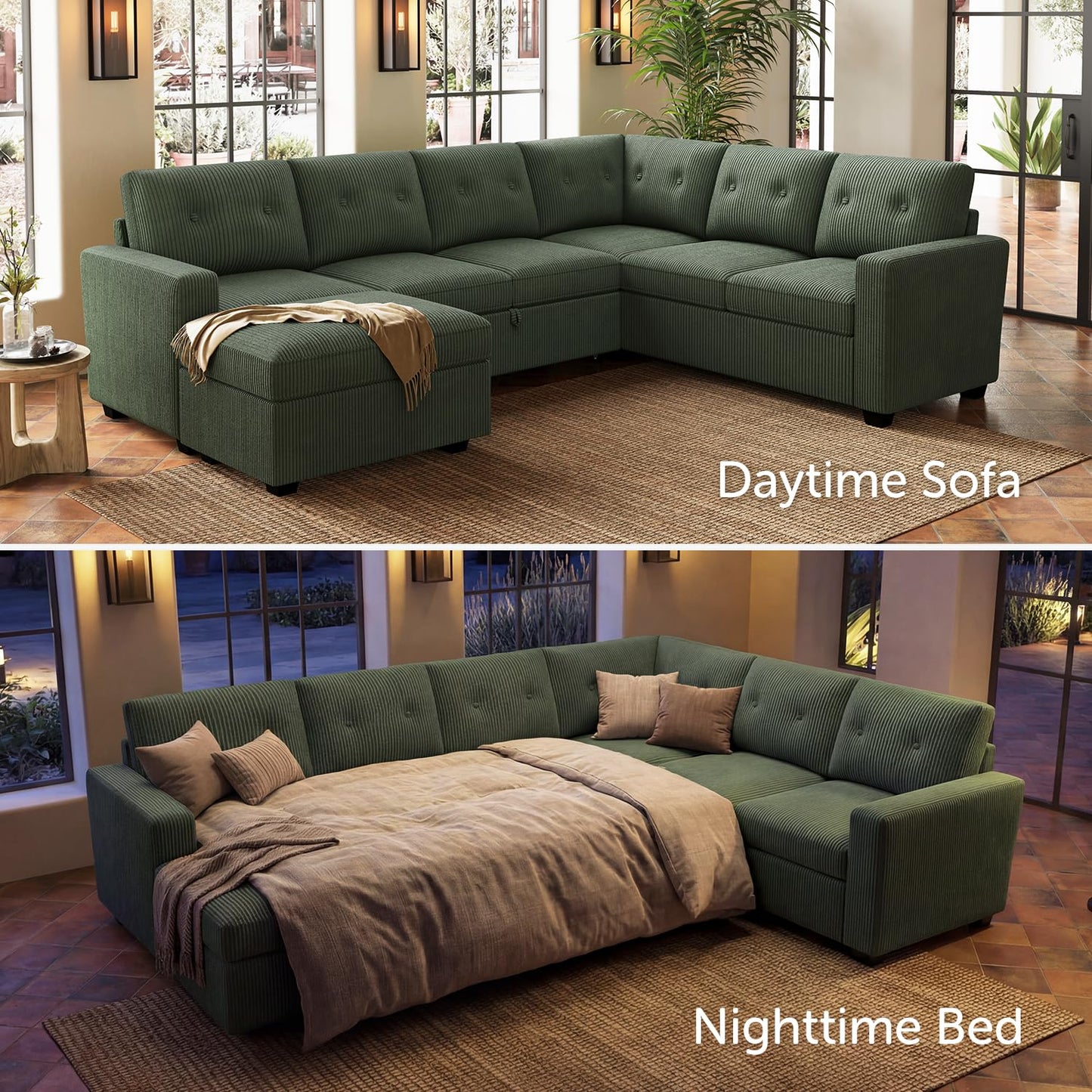 HONBAY 106.2 Inch U-Shaped Sectional Sleeper Sofa with Pull-Out Bed & Storage Ottoman, 7-Seater Sectional Sofa for Living Room, Pet-Resistant Corduroy Couch, Green