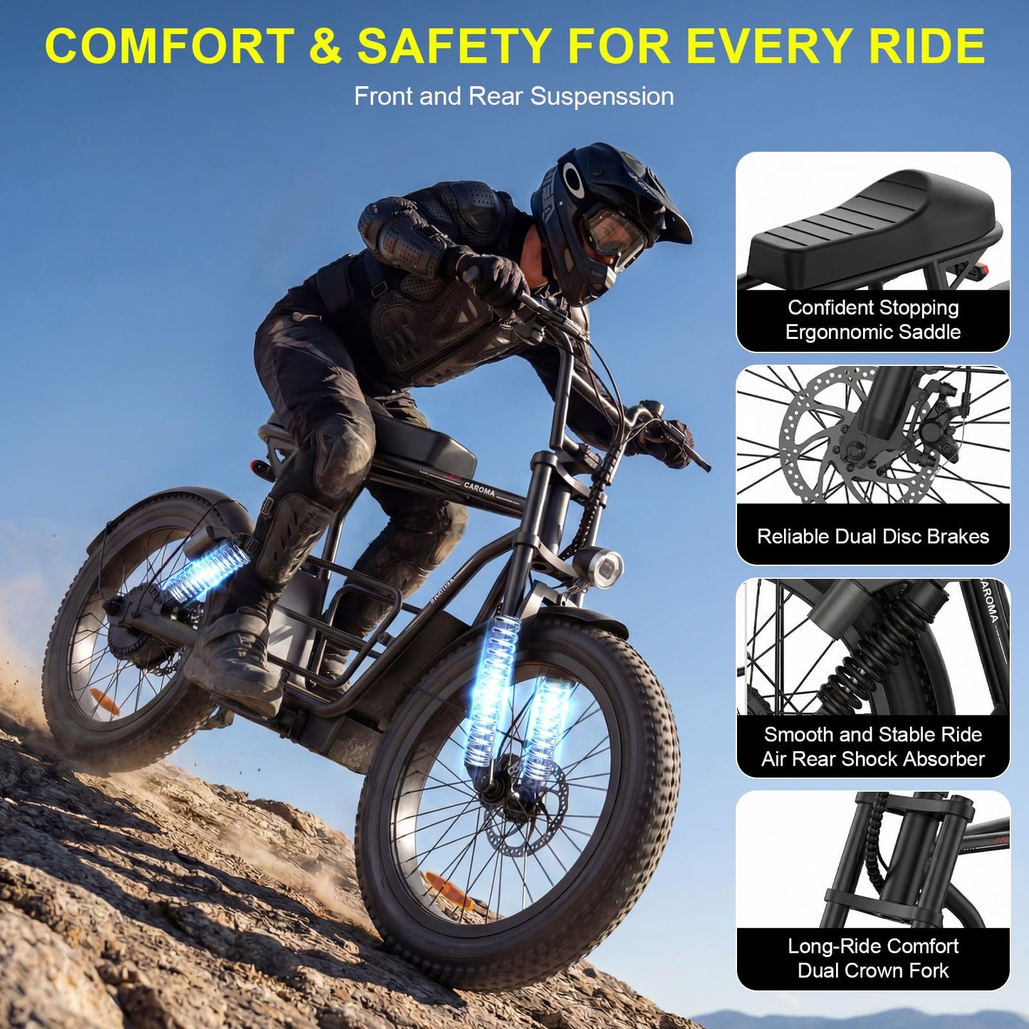 Caroma Electric Scooter with Seat for Adults, 1000W Peak Motor, 25Miles Range & 20Mph, Multiple Suspension, Electric Motorcycle Mini Bike with Basket for Pet s& Cargo, UL 2272 Certified