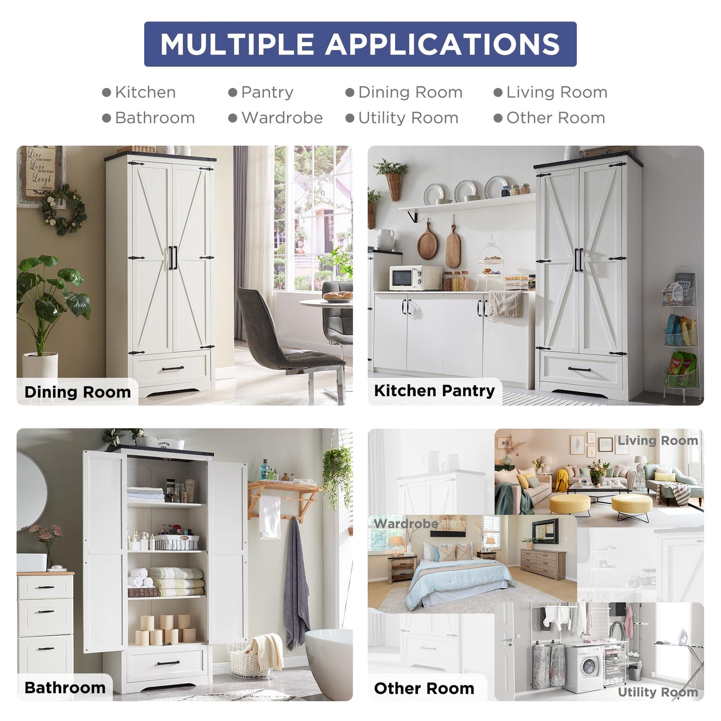 JXQTLINGMU Farmhouse Kitchen Pantry Cabinet - 72" Tall Wood Kitchen Storage Cabinets with Adjustable Shelves & 2 Barn Style Doors & Drawer, Versatile Storage for Dining Room, Bathroom, Antique White