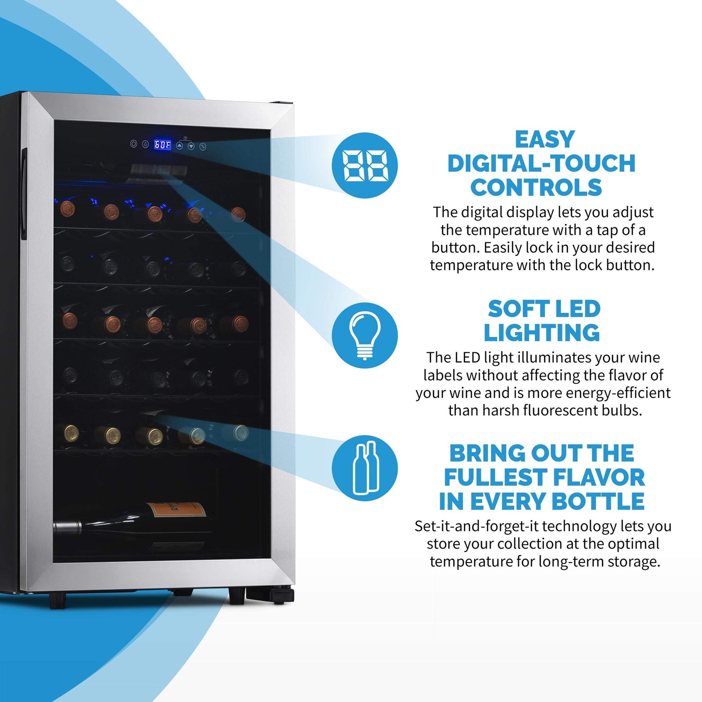 NewAir 33 Bottle Wine Fridge, Freestanding or Built-In Refrigerator, Stainless Steel Cooler, UV Protected Glass Door with Recessed Handle, Digital Thermostat