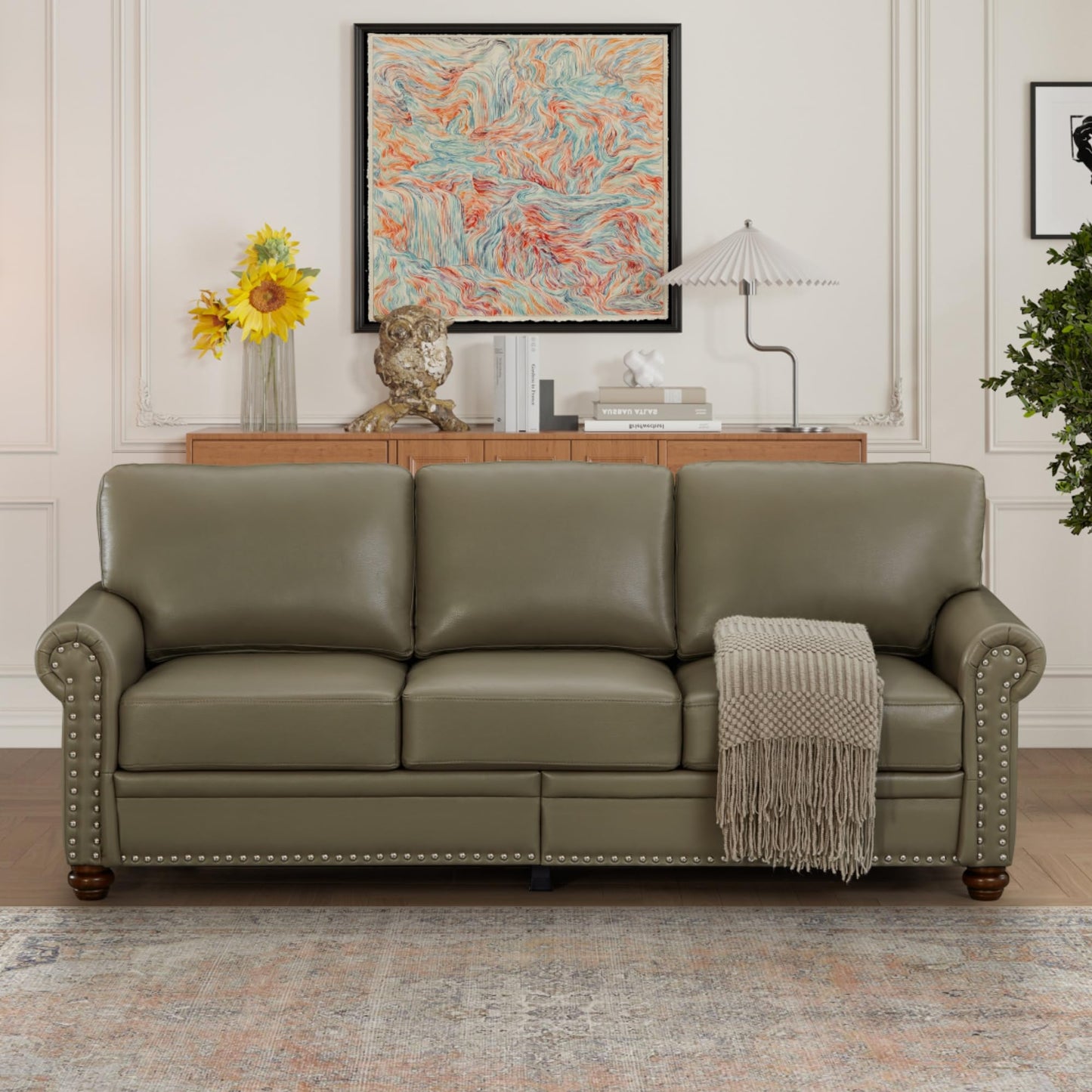 KEIKI 82.68" Chesterfield Sofa, Retro Style Upholstered Faux Leather PU Couch with Storage Space, Rolled Arm, Nailhead for Living Room Bedroom Office Apartment, Gray