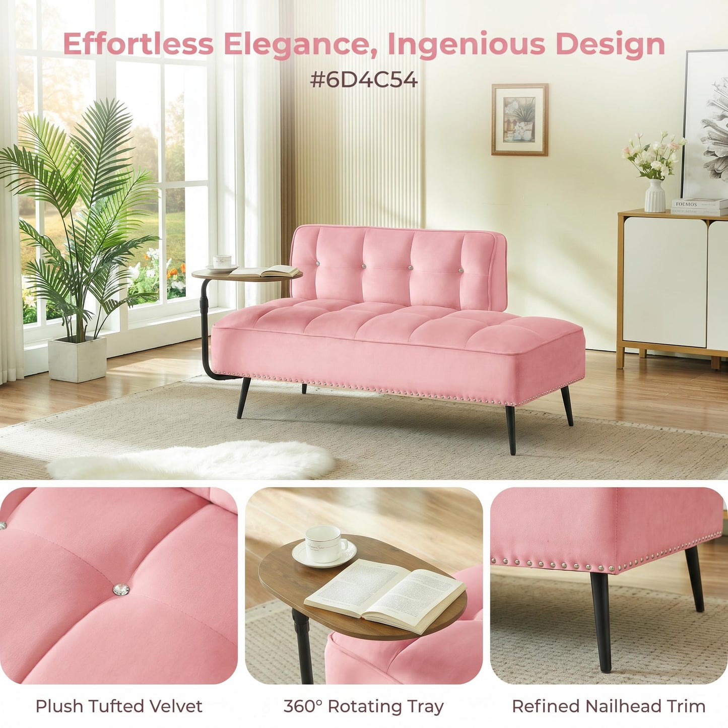 Trygoal Velvet Loveseat Sofa Couch, Futon Sofa Couch with 360° Swivel Side Table, Small Couches with Backrest and Foam Cushion for Small Spaces, Entryway Bench, Apartment, Bedroom, Pink