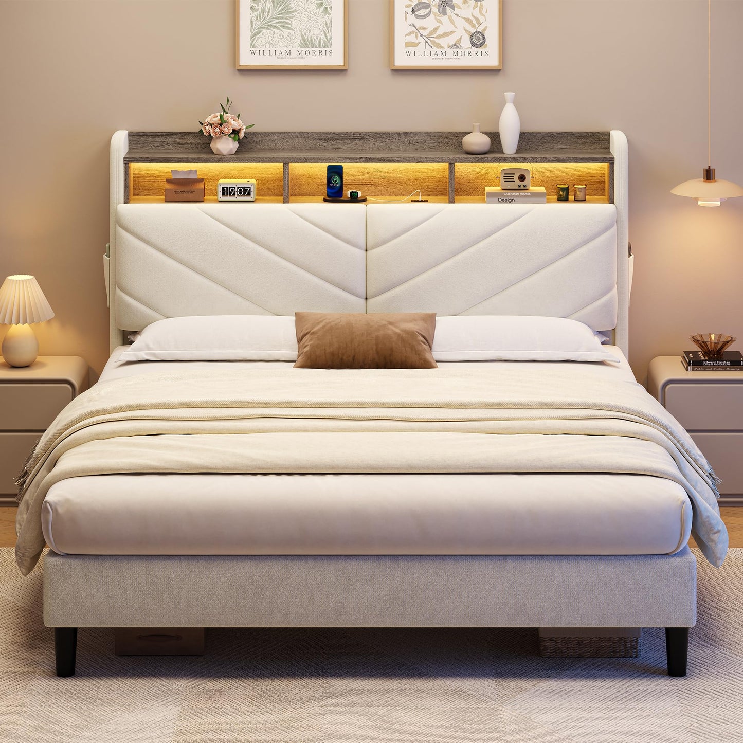 Jocoevol Queen Size Bed Frame with Ergonomic Headboard and Hidden Storage, Velvet Upholstered Platform Bed with LED Light, Wooden Bed Frame with Charging Station, No Box Spring Needed, White