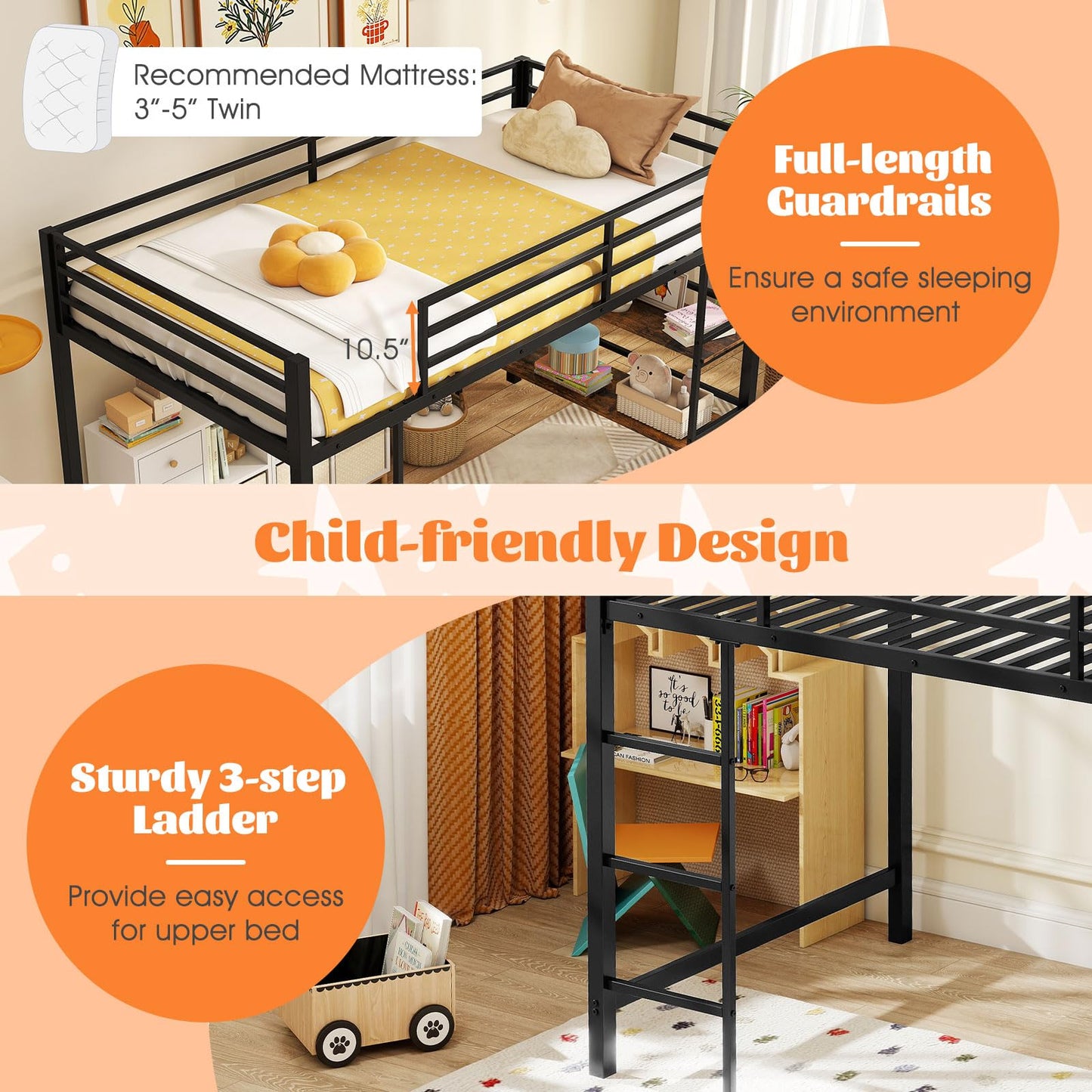 Giantex Low Loft Bed Twin Size, Heavy Duty Metal Frame w/Storage Shelves, Ladder & Full-Length Guardrails, Ample Under-Bed Space, Kids Loft Bed with Stairs for Boys Girls Junior, No Box Spring Needed