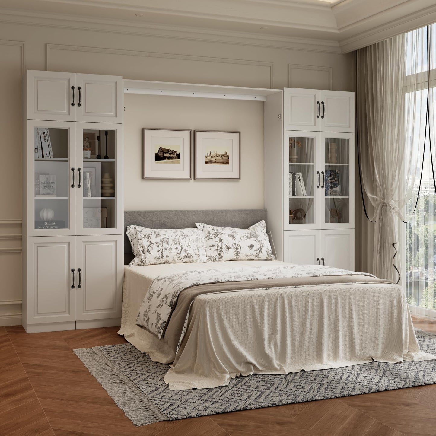 Jiaoun Queen Murphy Bed,Farmhouse Guest Beds,Folding Wall Bed with Hydraulic Bar,64" W Twin Murphy Beds with 2 Glass Storage Cabinet for Small Spaces/Offices/Apartments/Guest Room,White+White