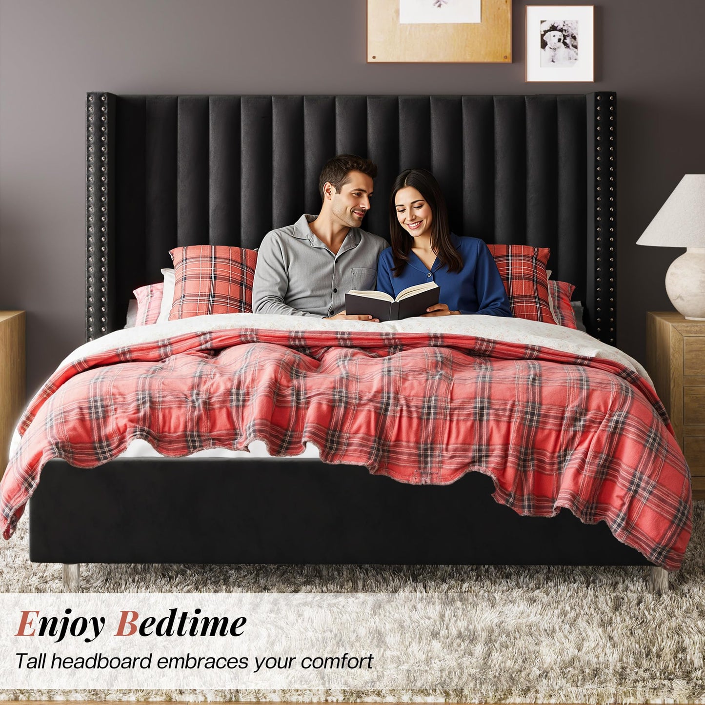 Jocisland Queen Bed Frame with Tall Wingback Headboard, Velvet Upholstered Platform Bed, No Box Spring Needed, Noise-Free, for Couples, Guest Room & Apartment, Black