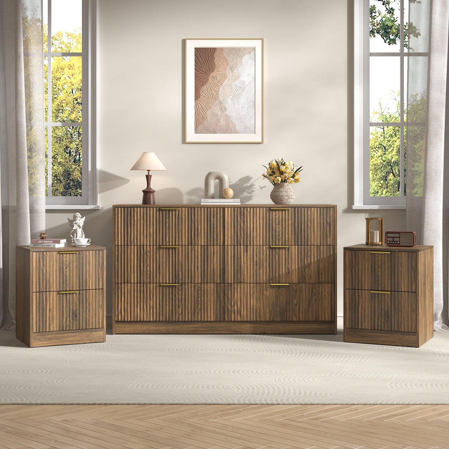 Sscaktu 3-Piece Modern Bedroom Furniture Set, Wide 6-Drawer Dresser & 2-Drawer Nightstands Set of 2, Natural Wood Dresser and Nightstand Sets for Bedroom, Hallway, Walnut