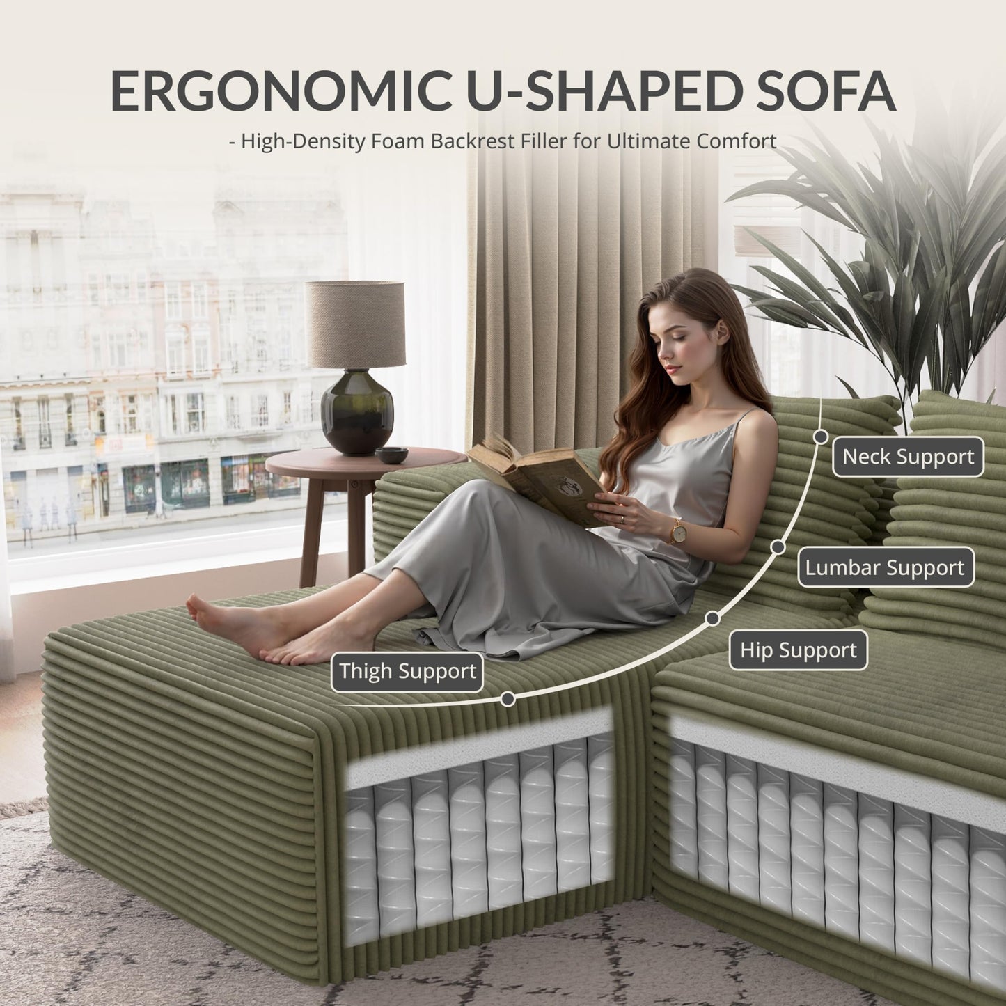 Attalee Modular Sectional Sofa for Living Room, L Shaped Compressed Corduroy Sectional Boneless Couches with Deep Seat and 4 Storage Pockets, Easy Assembly, Green