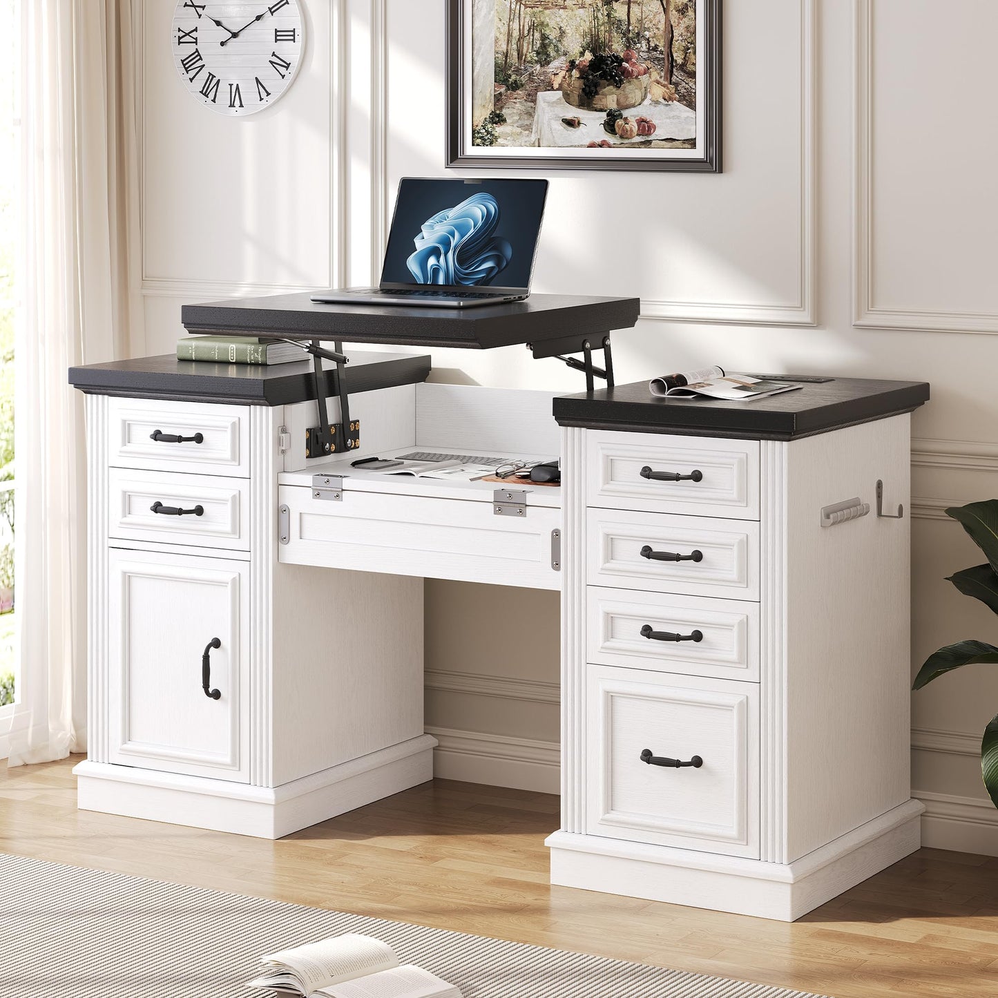Jocoevol 57" Lift Executive Desk with Drawers, Farmhouse Home Office Desk with File Cabinet Storage, Computer Desk with Charging Station & Headphone Hook for Work/Study/Writing (White & Black, Lift)