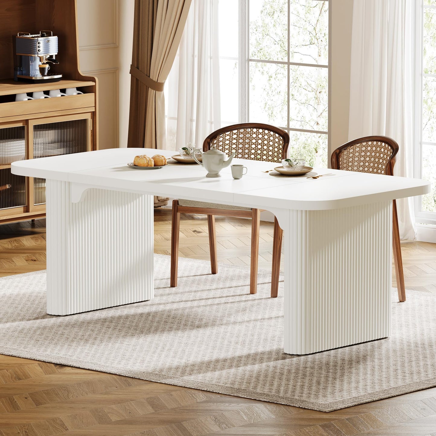 Tribesigns Modern Dining Table for 6 People, 62-Inch Wood Kitchen Table with Double Robust Pedestal, Large Rectangle Wooden Dinner Table for Dining Room (White)