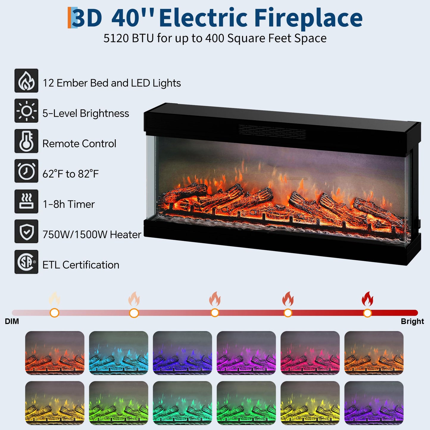 Fireplace TV Stand, 75'' TV Stand with 40" Fireplace, Electric Fireplace Heater, Entertainment Center with Frame and LED Light Colors, TV Console Cabinet