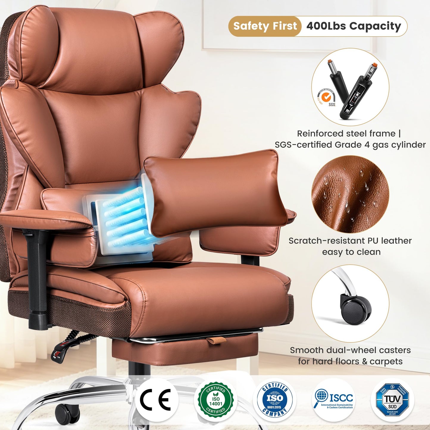 Stella Mia Big & Tall Executive Office Chair, Ergonomic High Back Heavy Duty Computer Chair with Retractable Footrest and Wide Seat, Brown 2 Pack