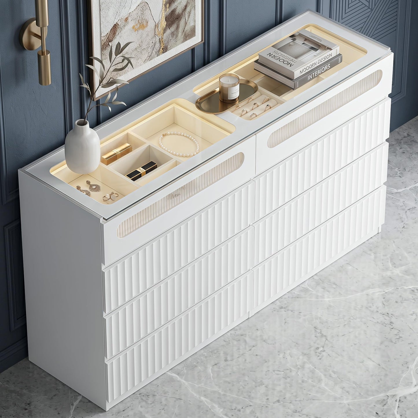 senlin Fluted 8 Drawer Dresser,with LED Lights,Tempered Glass Panel,Drawer Dresser,Hidden Handles.Compartmentalized Storage Drawer,Bedroom,Entryway,Wood Vanity