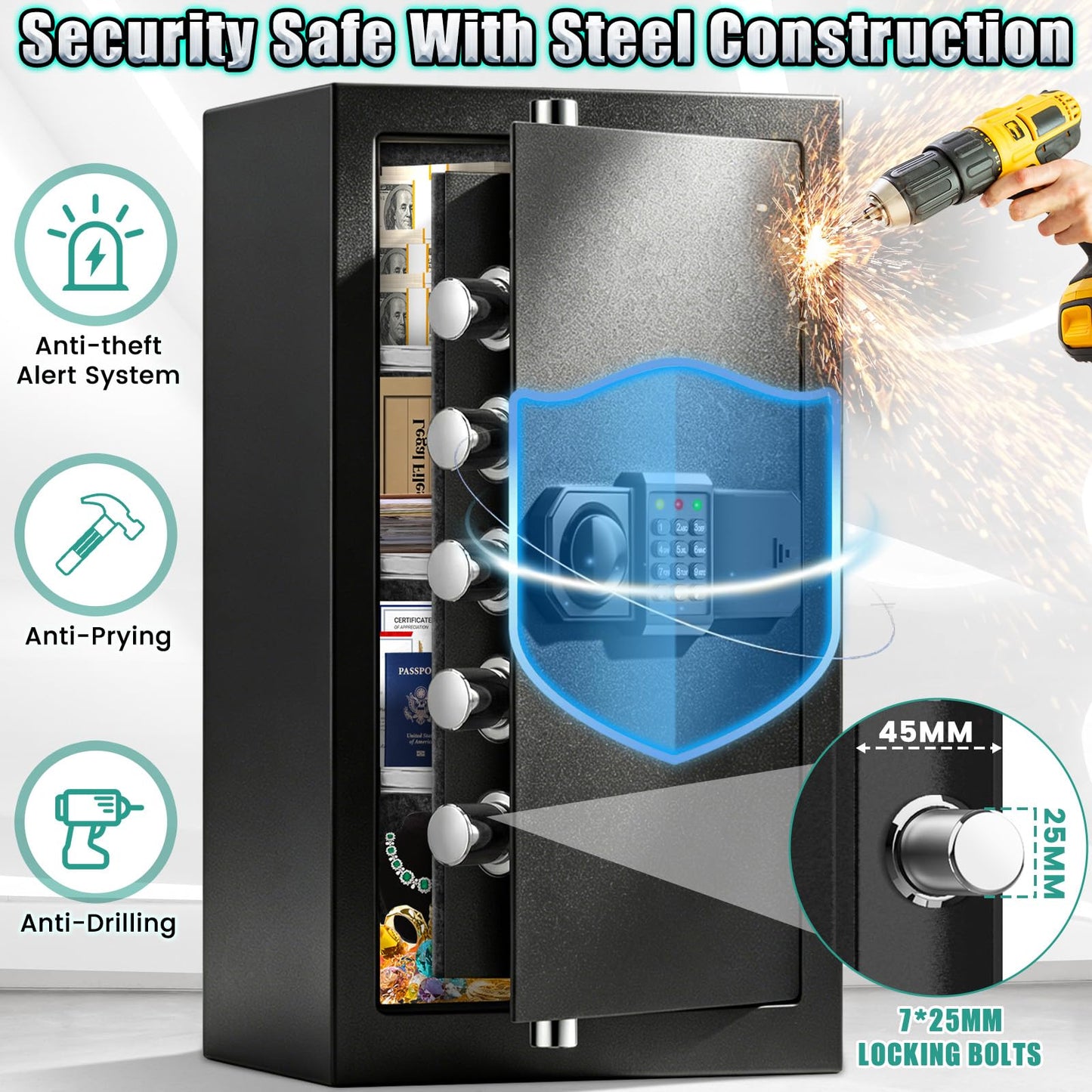 [𝟮𝟬𝟮𝟲 𝗡𝗲𝘄] 25.59'' Tall Large Safe Fireproof Waterproof | 1800°F Fire Protection for 35 Mins, Digital Safe Box with Spare Keys, Alert Alarm and Removable Shelf, Anti-Burglar Safes for Home File