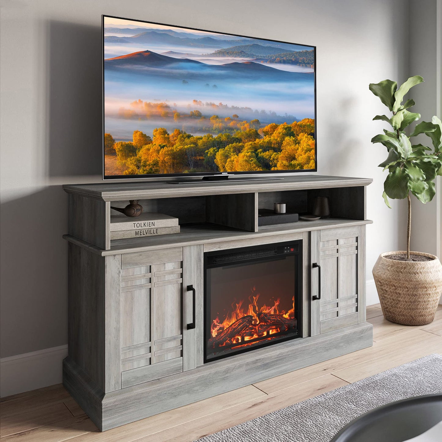 BELLEZE 48" TV Stand with 18" Electric Fireplace Heater, Modern TV Stand for TVs up to 50", Entertainment Media Stand with Open Shelves and Storage Cabinets for Living Room, Bedroom (Grey Wash)