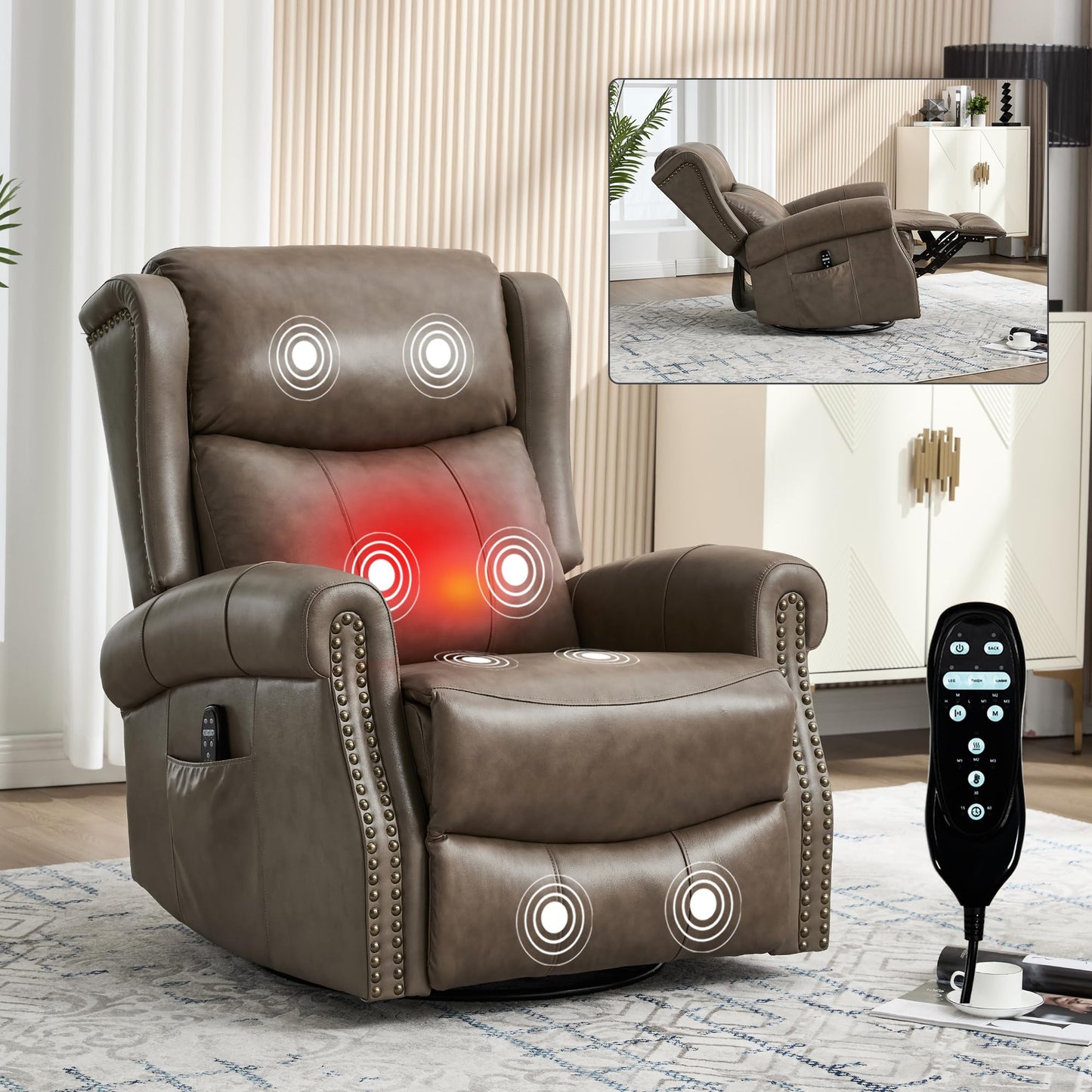 Heat Massage Manual Recliner Chair with Rocking and 360° Swivel Base, Genuine Leather Recliner Chair with Lumbar Heat, 8-Point Vibration Massage, 155° Reclining Living Room Chair for Adults, Grey