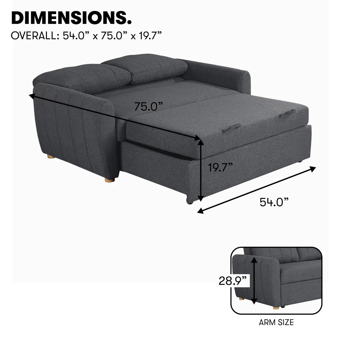 Serta Galway 66.5" Convertible Sleeper Loveseat, Full Size, Dreamcoil Comfort, FingerGuard Pinch Point Protection, Boucle Fabric, Charcoal