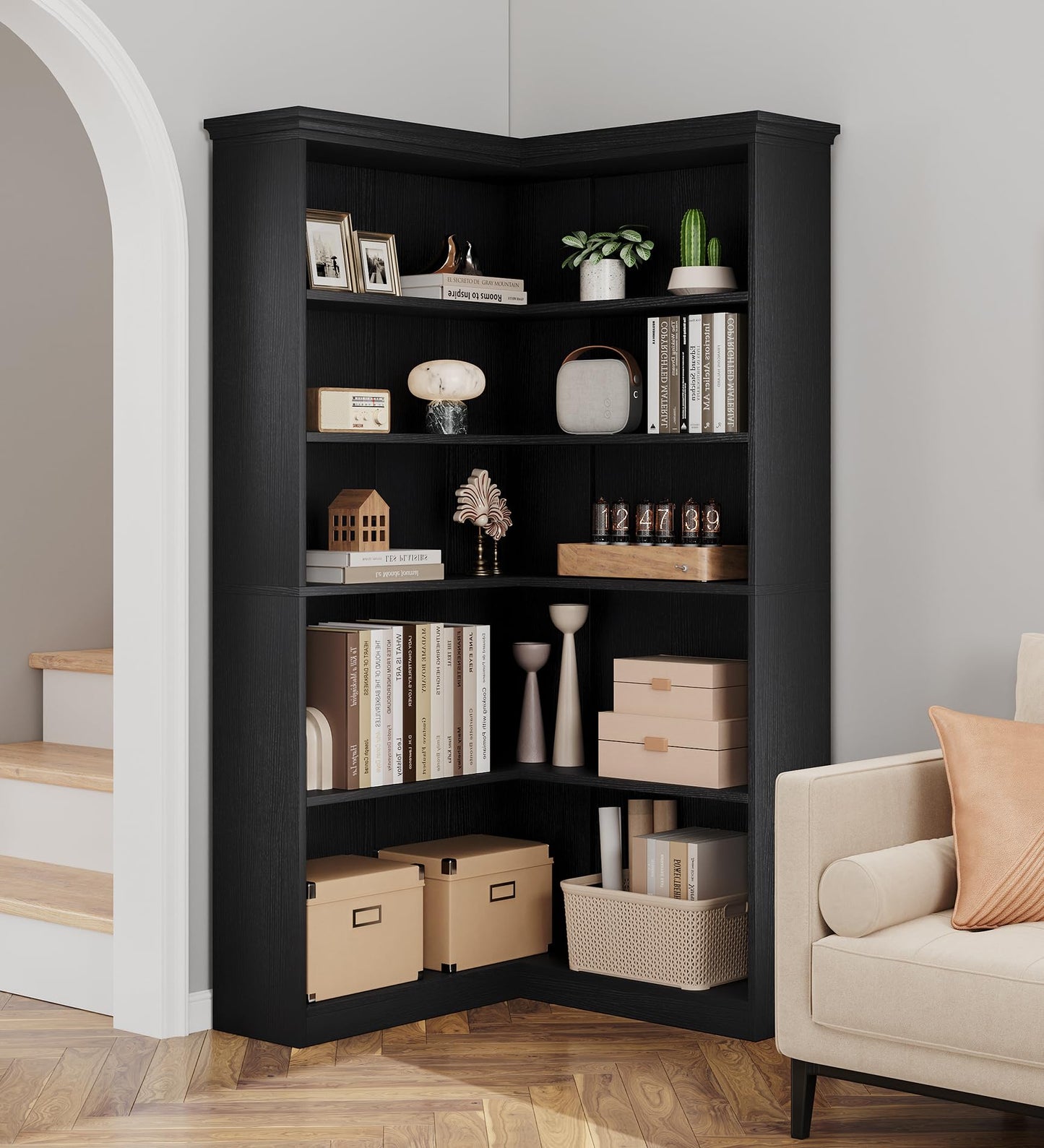 IDEALHOUSE Corner Bookshelf 72.8in Farmhouse Bookcase Large Bookshelf Wood Bookcase Tall 5 Tier Corner Shelf L Shaped Bookshelfs Storage Display Rack Living Room Bedroom (Black Full Panel)