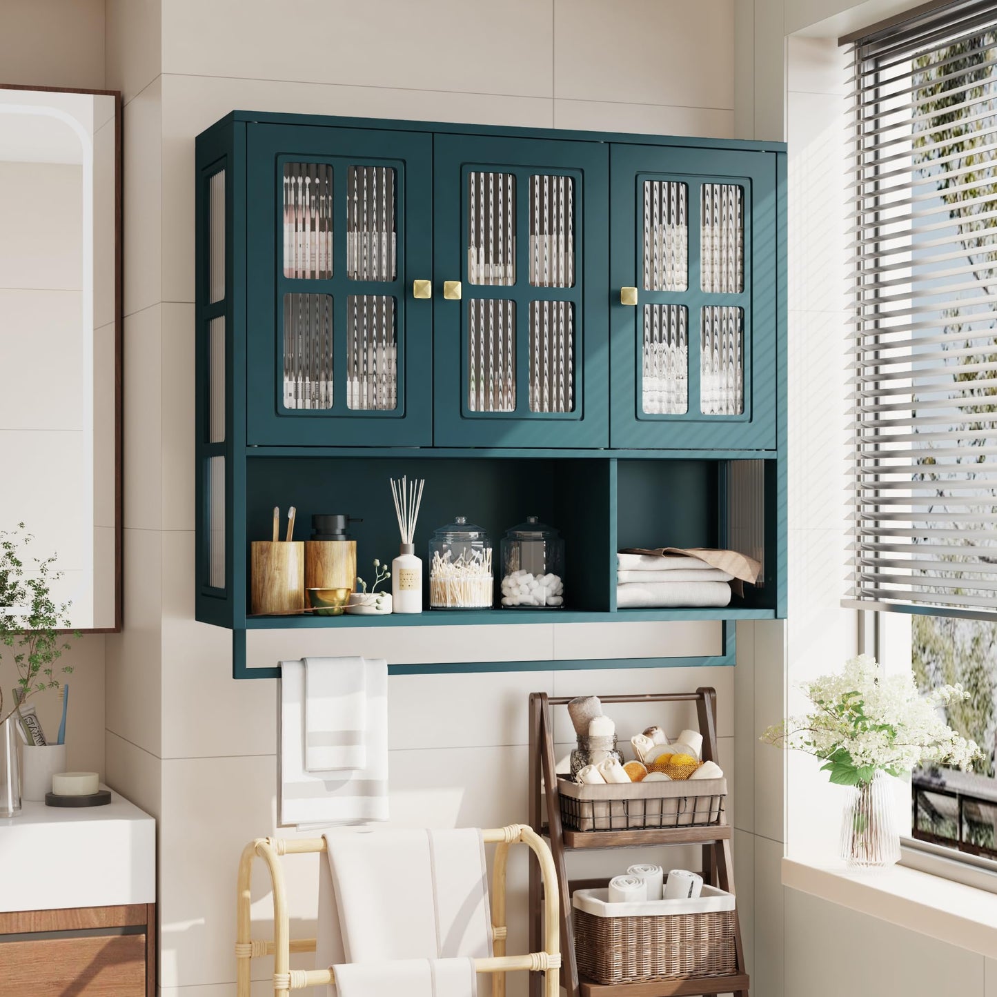 GDFStudio 34.65" Modern Wall Mounted Bathroom Cabinet with Glass Doors, Medicine Cabinet Organizer with Hidden Storage, Open Shelf & Towel Bar, Storage Cabinet for Bathroom Living Room, Dark Green