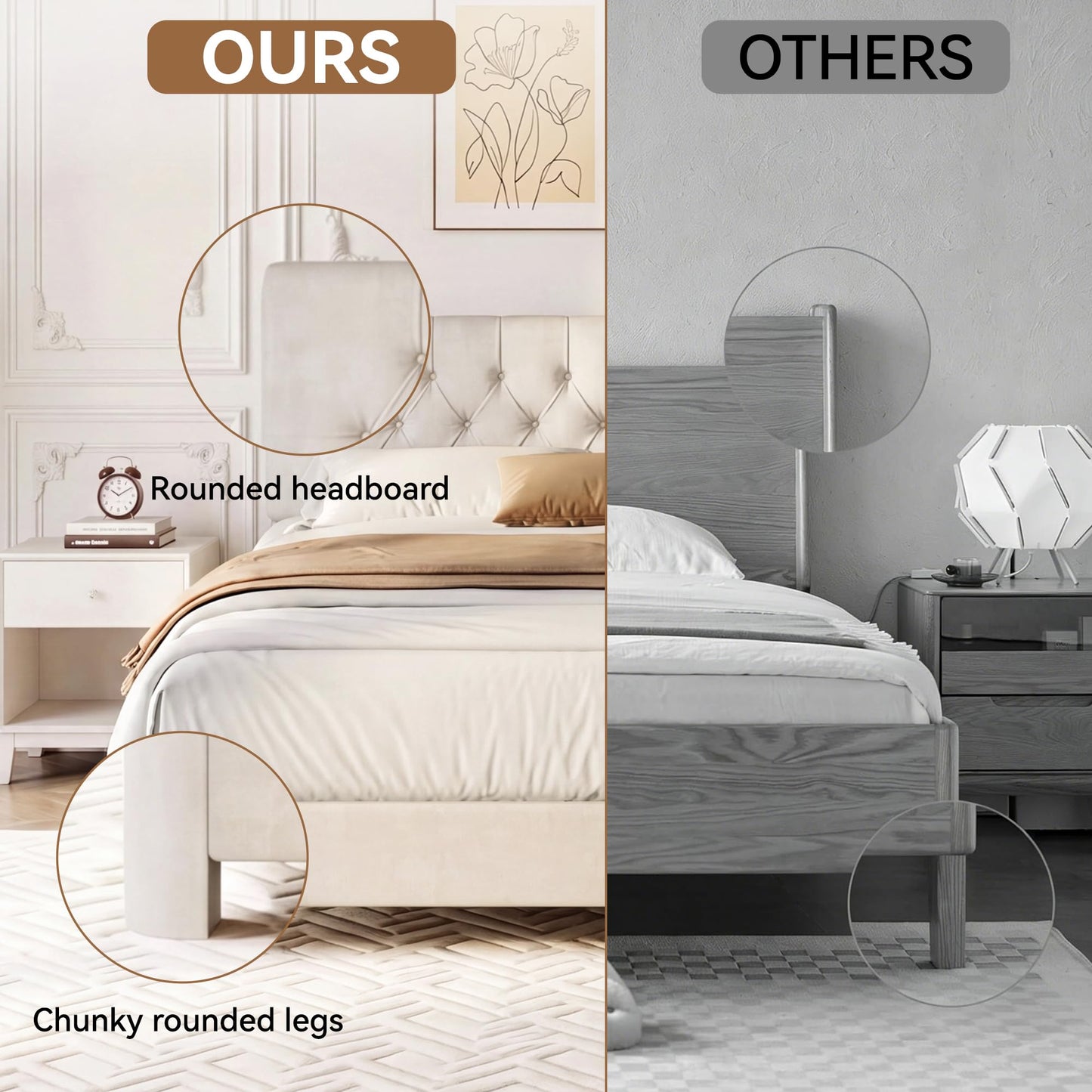 AMICLIBER Queen Bed Frame with Adjustable Headboard, Velvet Upholstered Platform Bed with Button Tufted Design, Solid Wooden Slats, Noise-Free, No Box Spring Needed, Easy Assembly, Beige