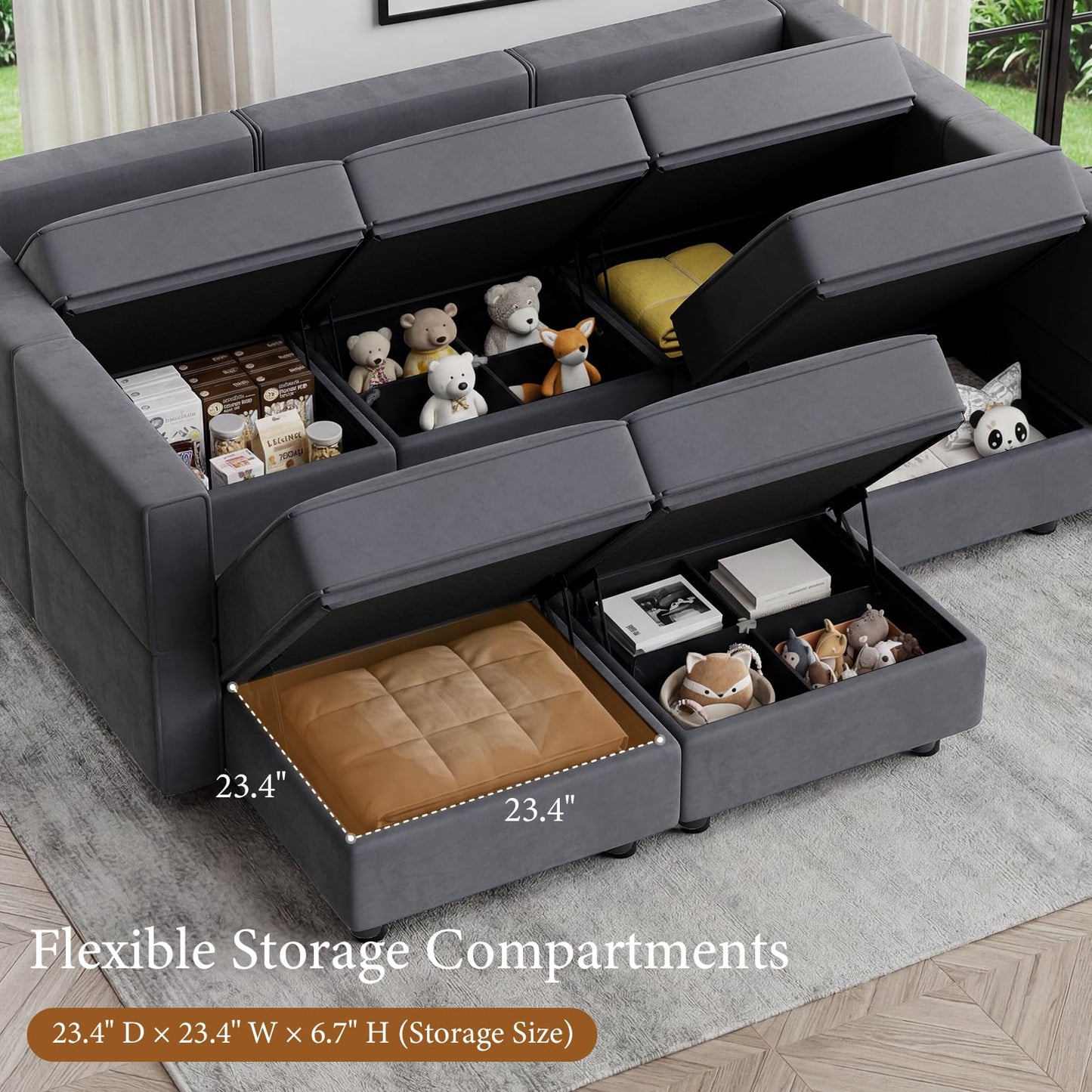 Vesgantti Sectional Sleeper Sofas with Storage, 92" Sofa Bed with 6 Seats Storage Chaises Removable Cover, Deep Seat Modular Couches Velvet Couch Set for Living Room, Apartment, Home Theater, Gray