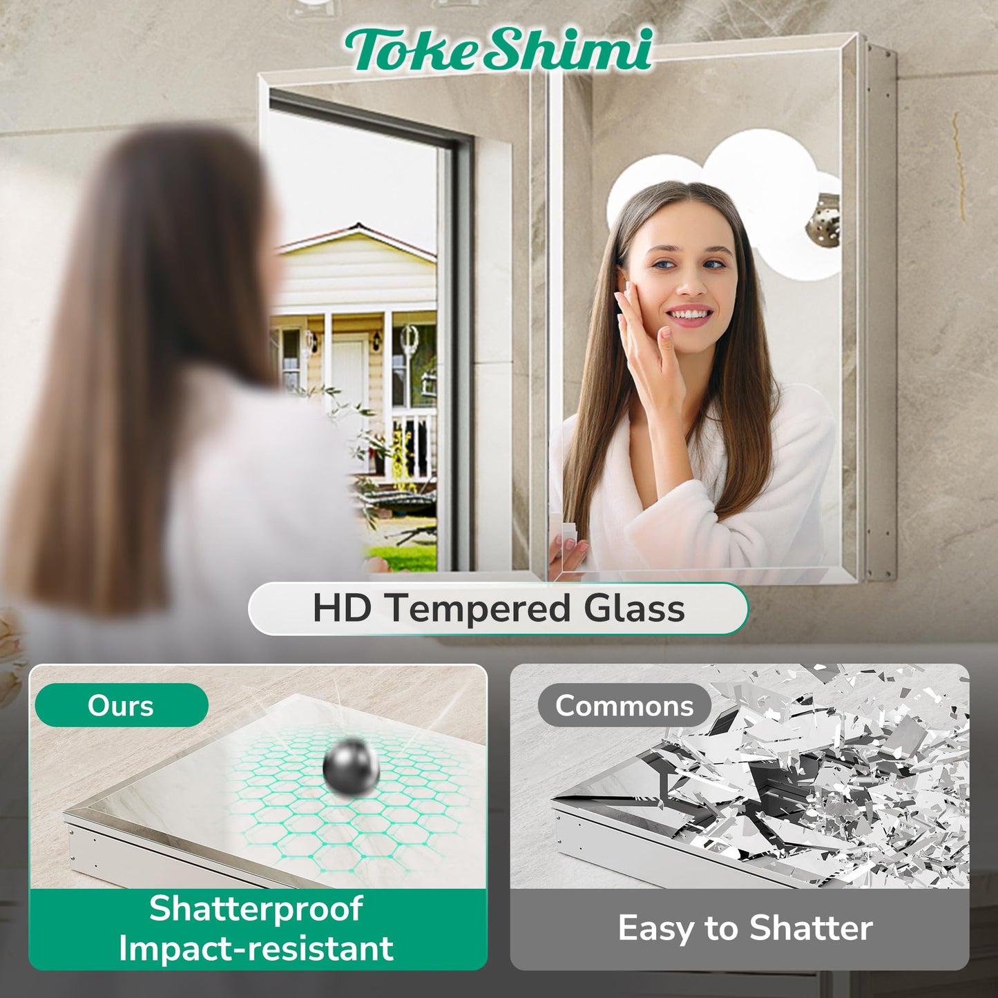 TokeShimi 36 x 24 Medicine Cabinet for Bathroom with Mirror, Assembly Required, Wall Mounted Medicine Cabinet with Tempered Beveled Mirror, Stepless Adjustable Shelves, DTC Hinge