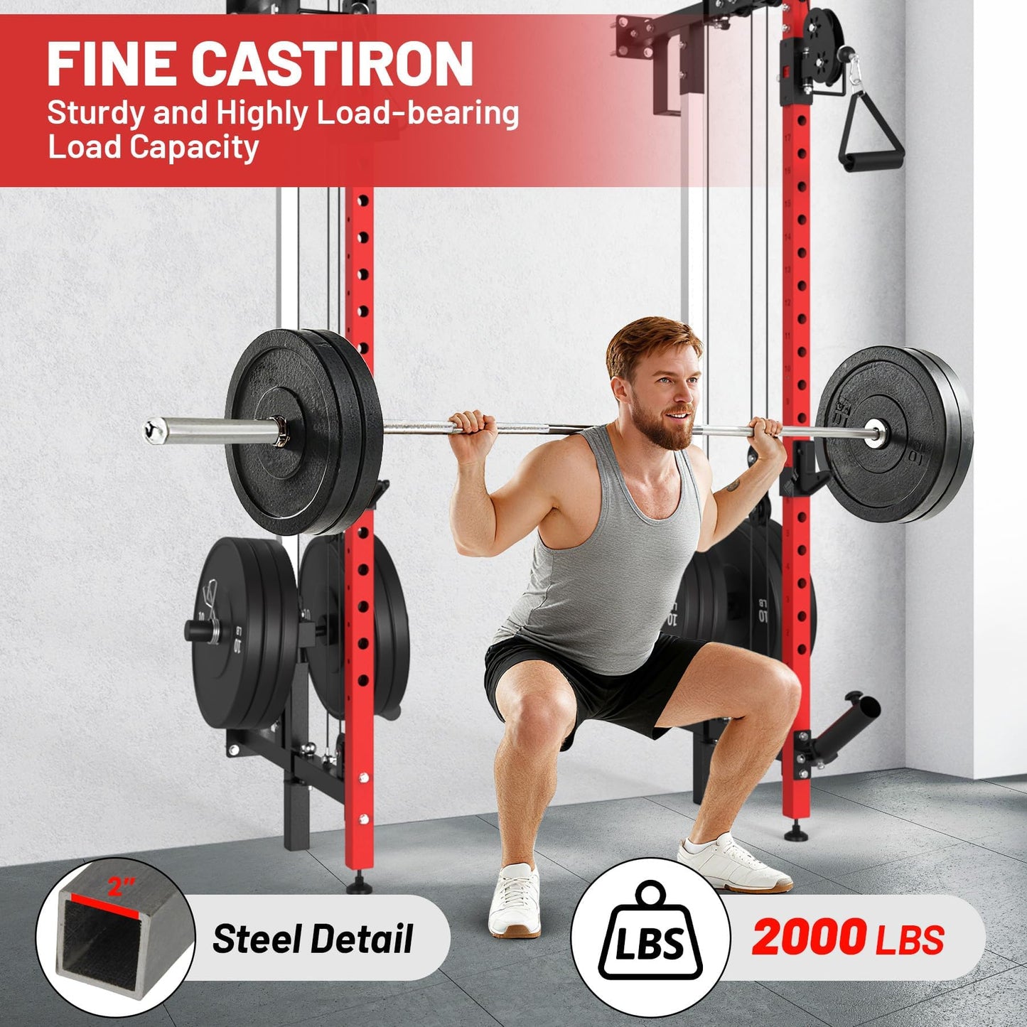 GarveeHome Folding Squat Rack, Wall Mounted Power Rack with Dual Pulley System & Pull Up Bar, Fitness Equipment for Home Gym, Garage, Apartment